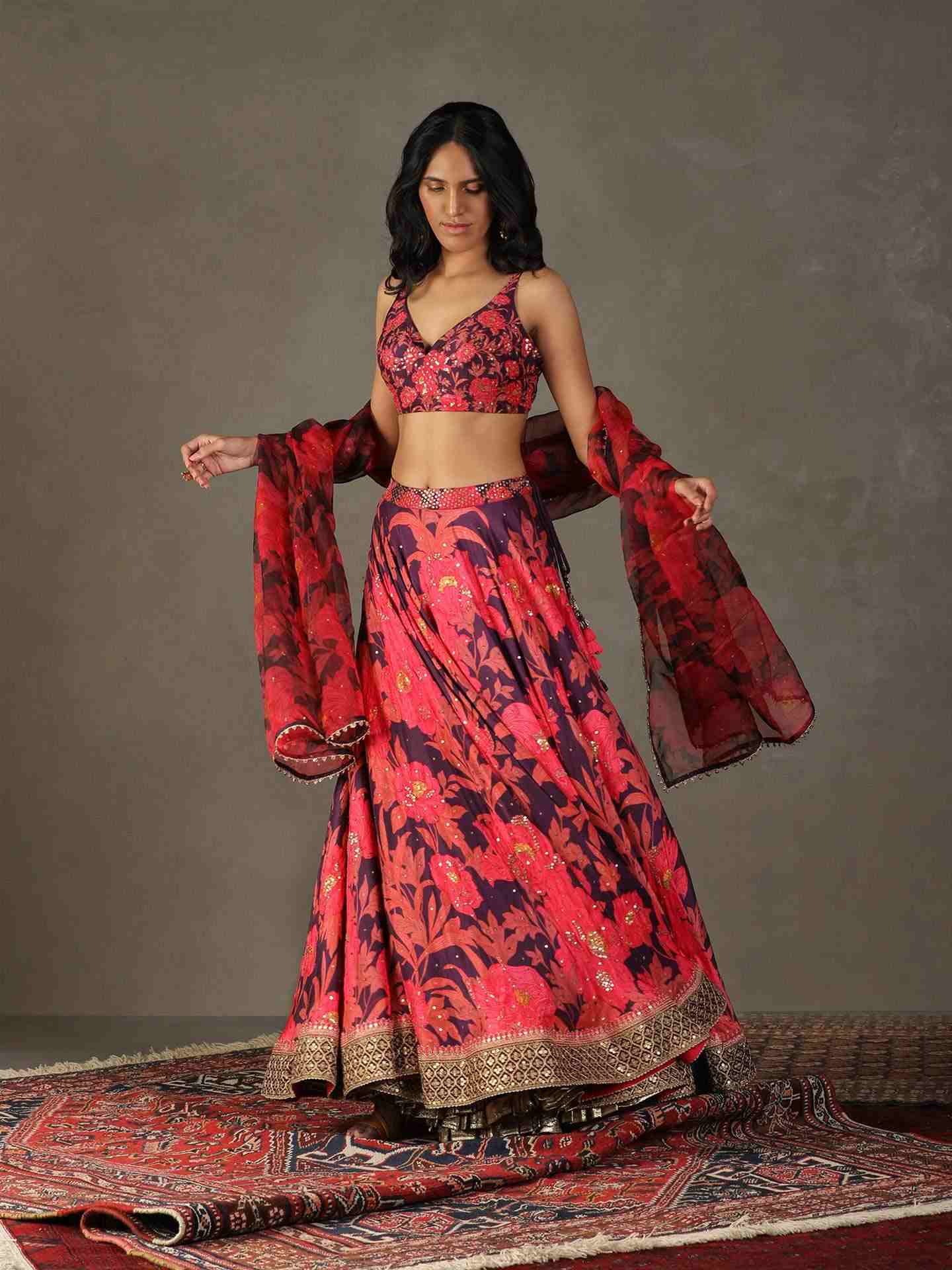 Aubergine & Pink Bella Floral Lehenga Set
