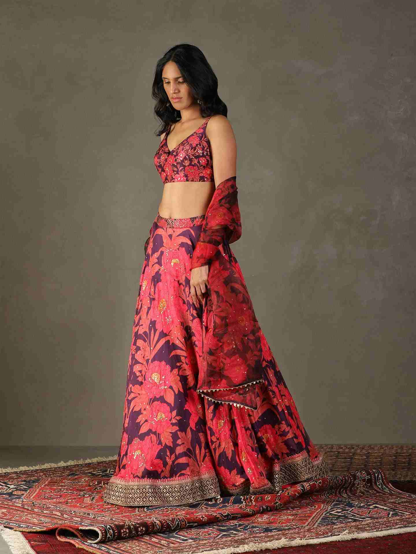 Aubergine & Pink Bella Floral Lehenga Set
