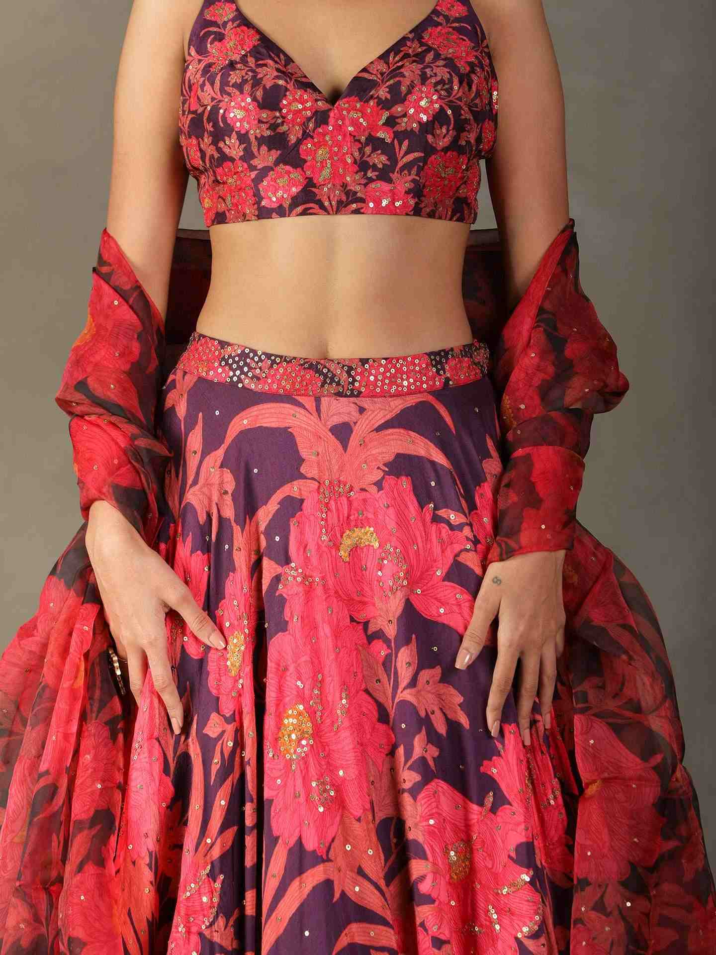 Aubergine & Pink Bella Floral Lehenga Set