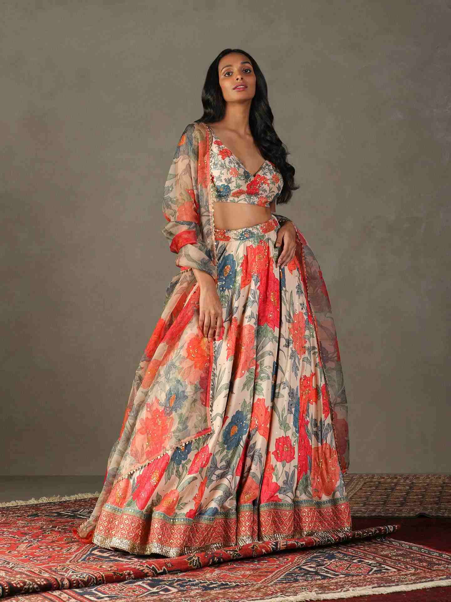 Pastel Tan & Multi Bella Floral Lehenga Set
