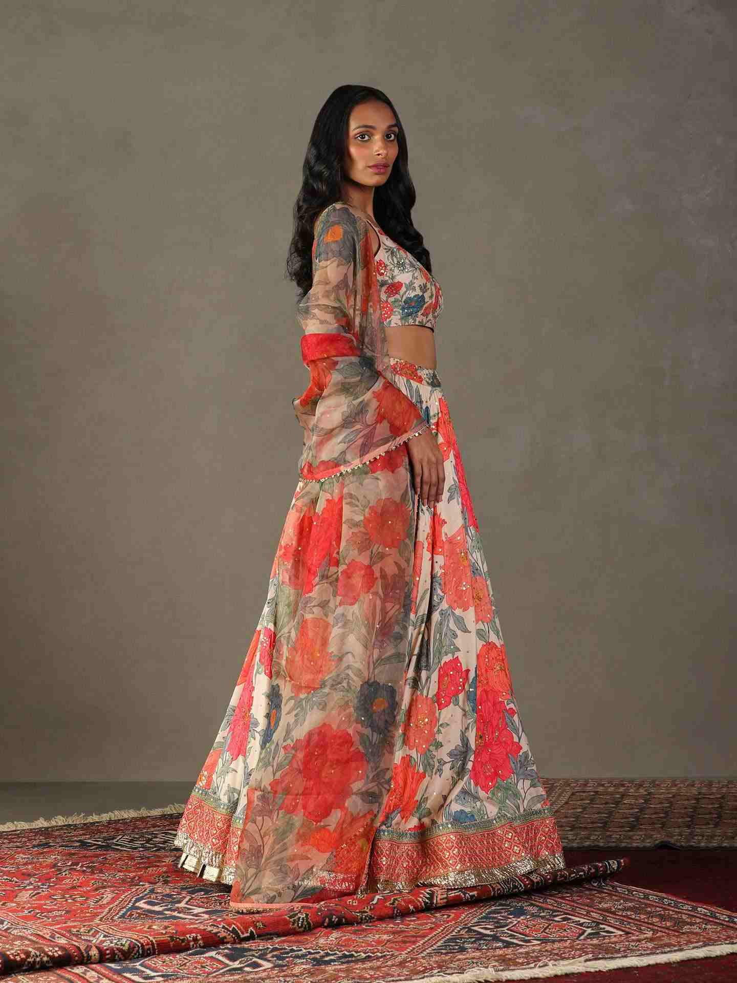 Pastel Tan & Multi Bella Floral Lehenga Set