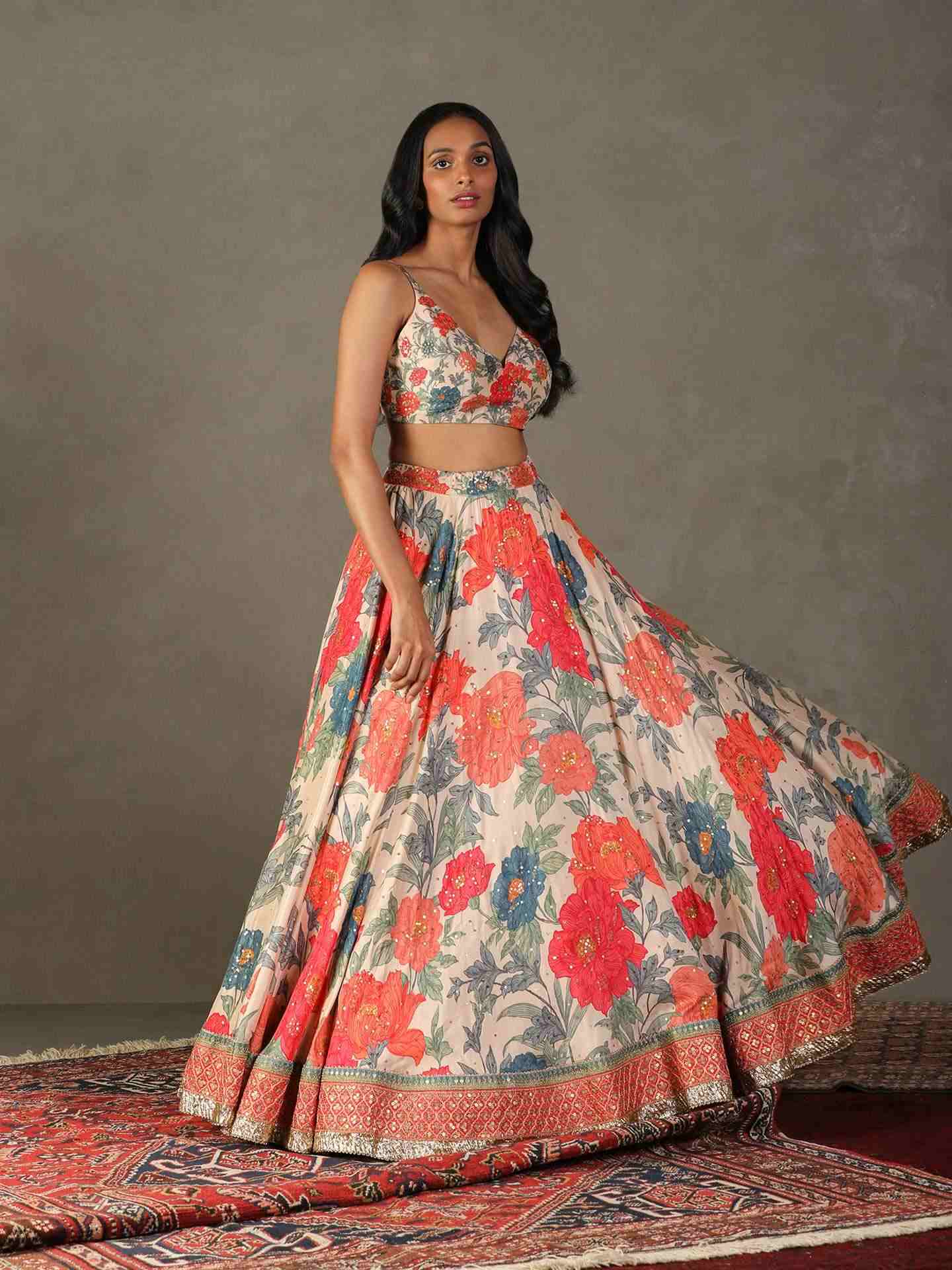 Pastel Tan & Multi Bella Floral Lehenga Set