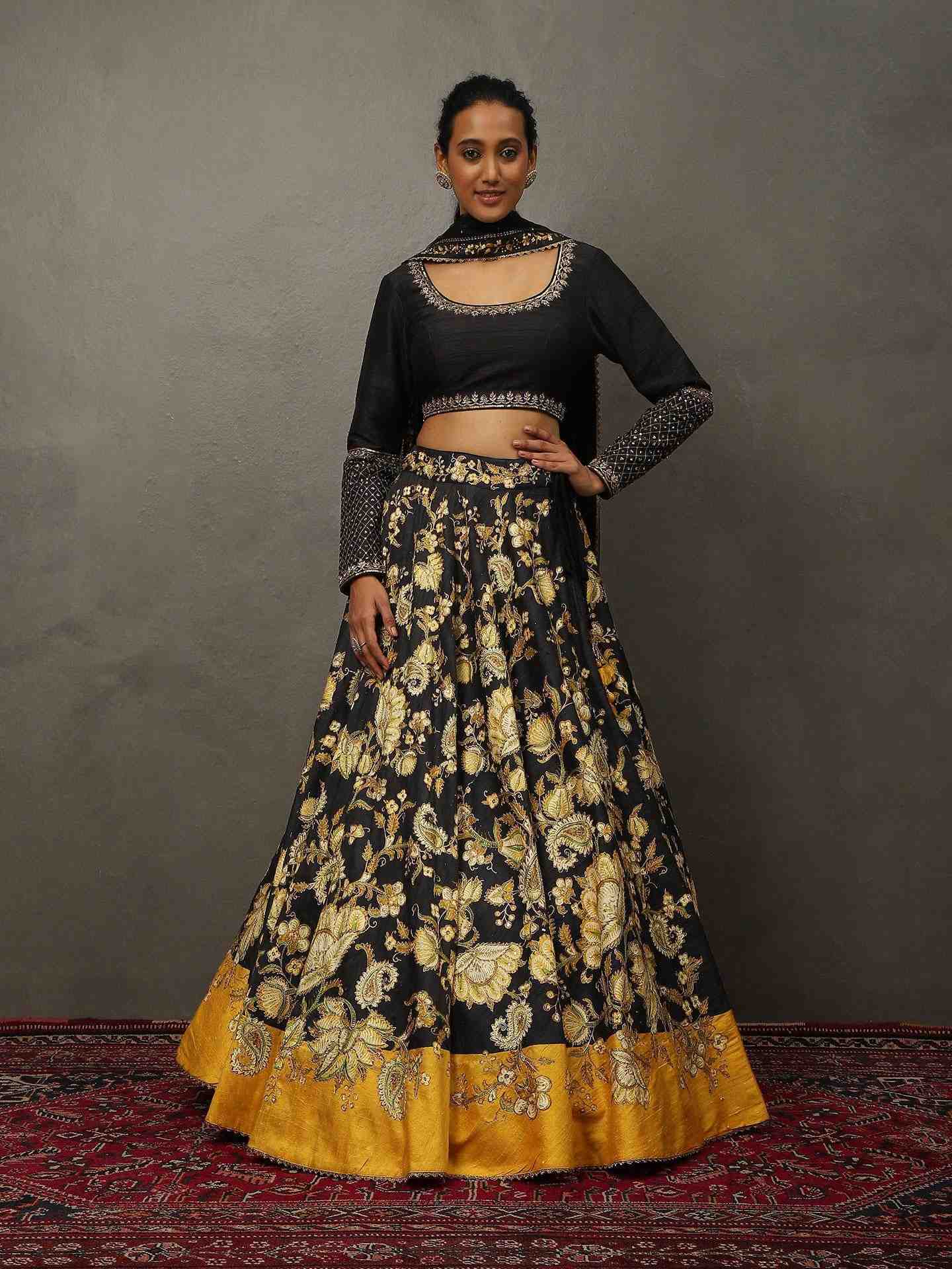 Black & Golden Yellow Roshafi Lehenga Set