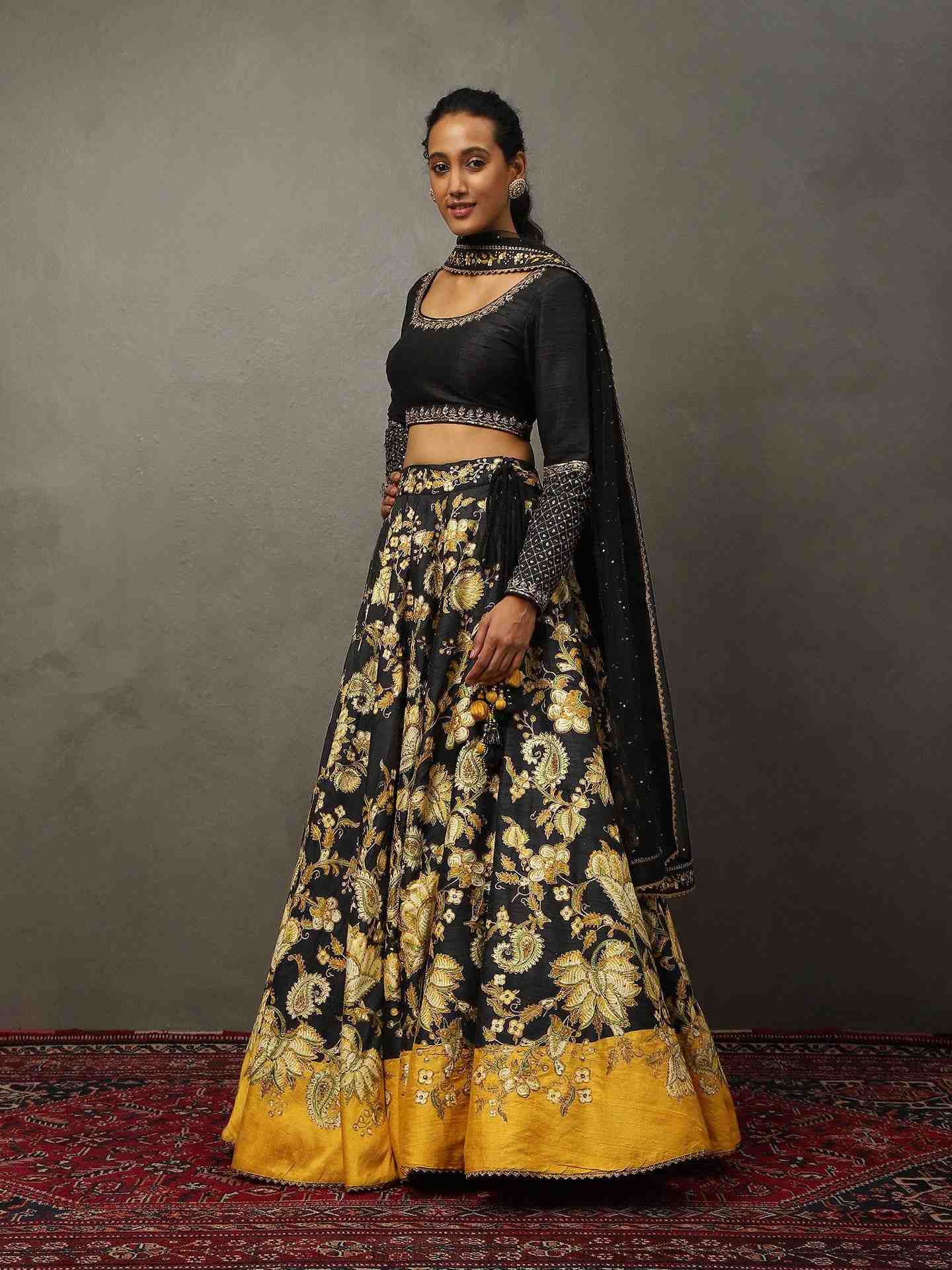 Black & Golden Yellow Roshafi Lehenga Set