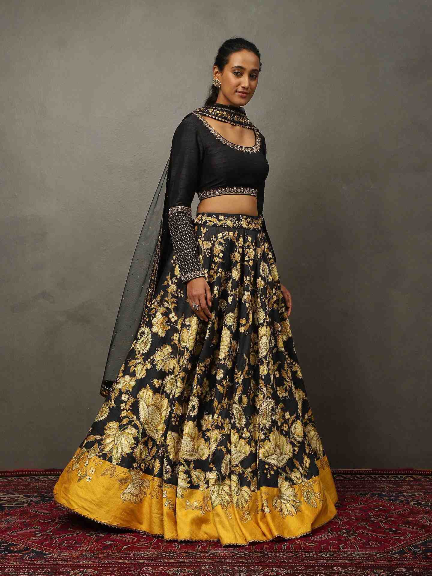 Black & Golden Yellow Roshafi Lehenga Set