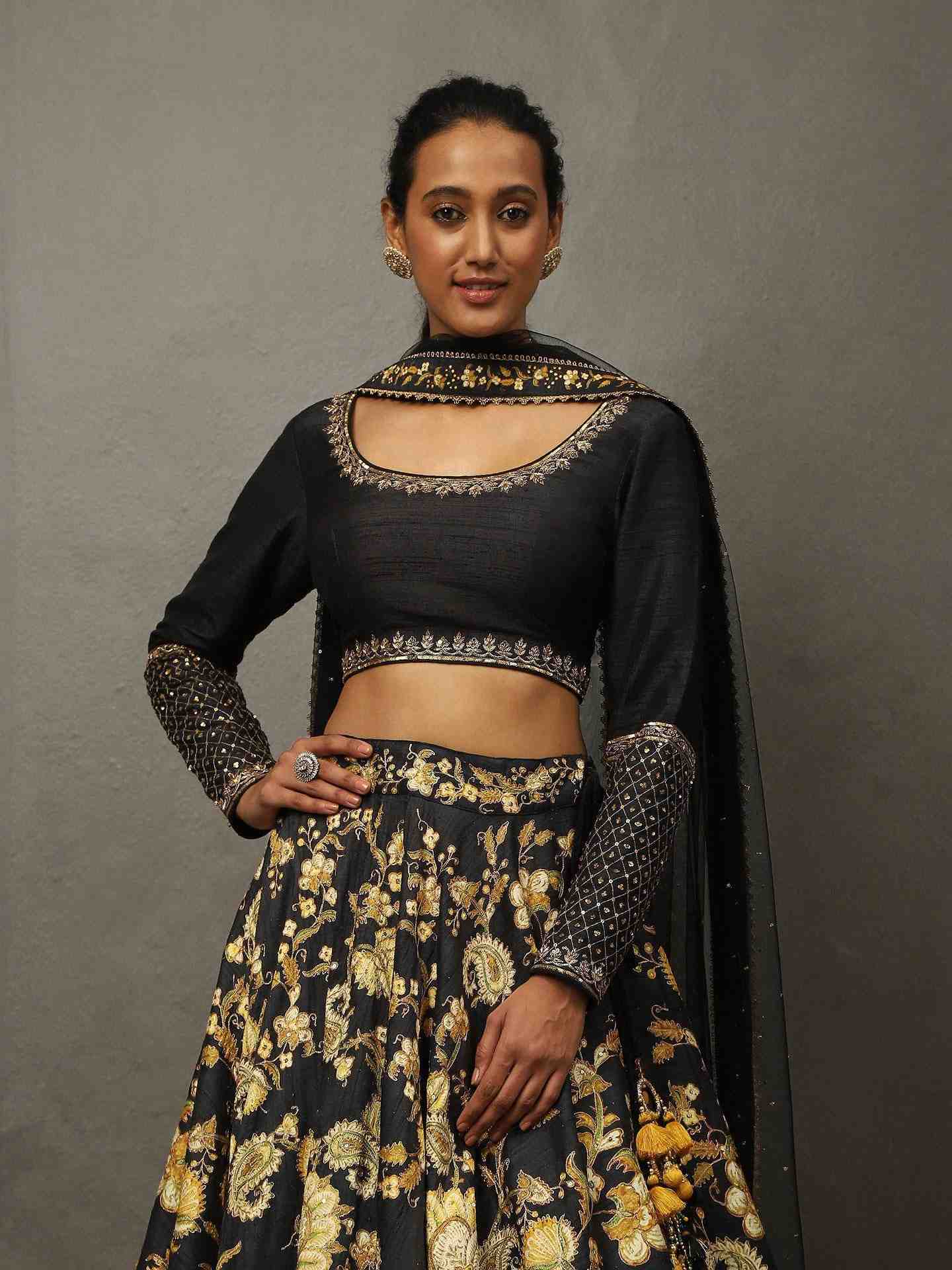 Black & Golden Yellow Roshafi Lehenga Set