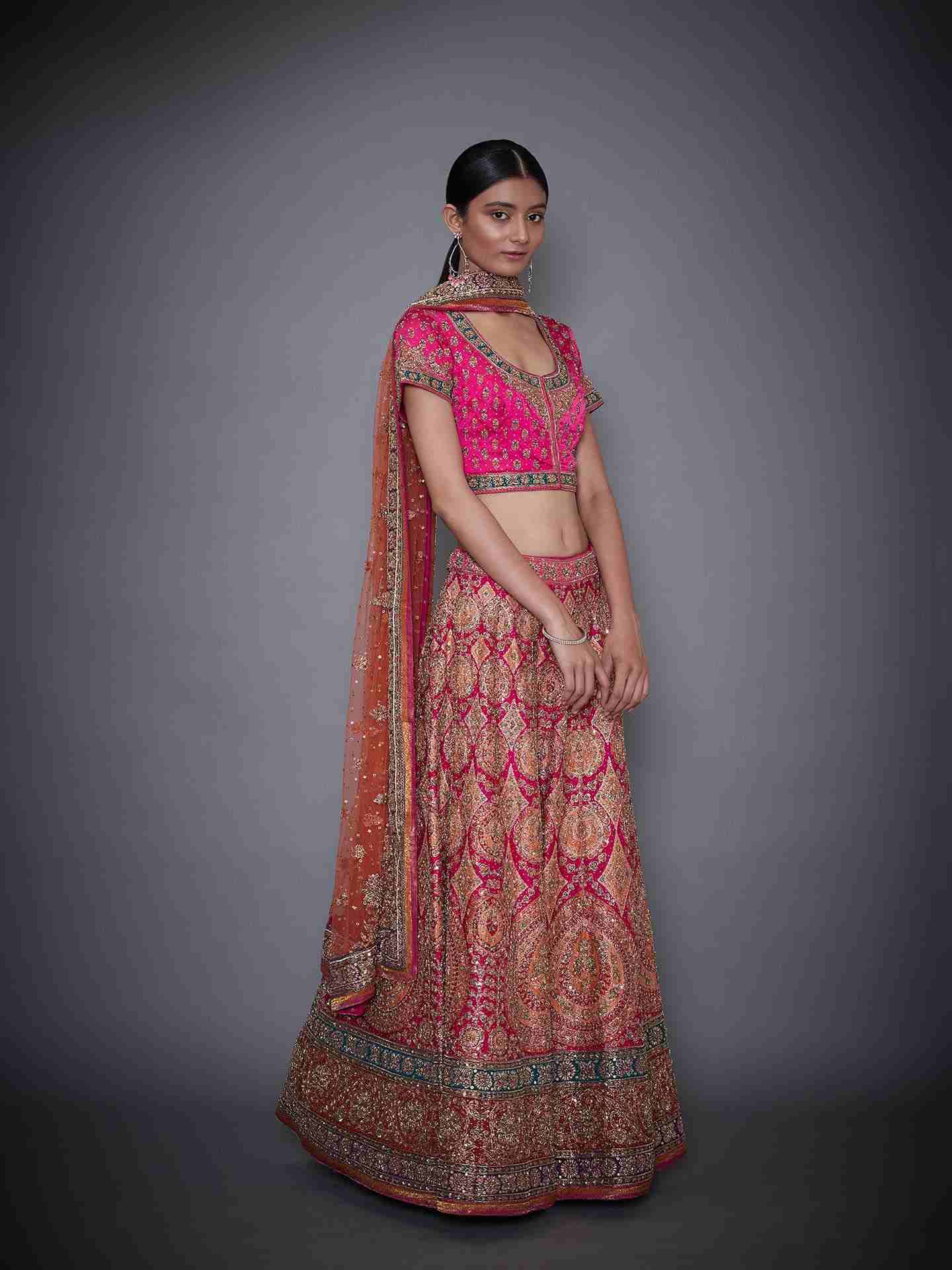 Fuschia & Orange Concentric Eye Lehenga Set