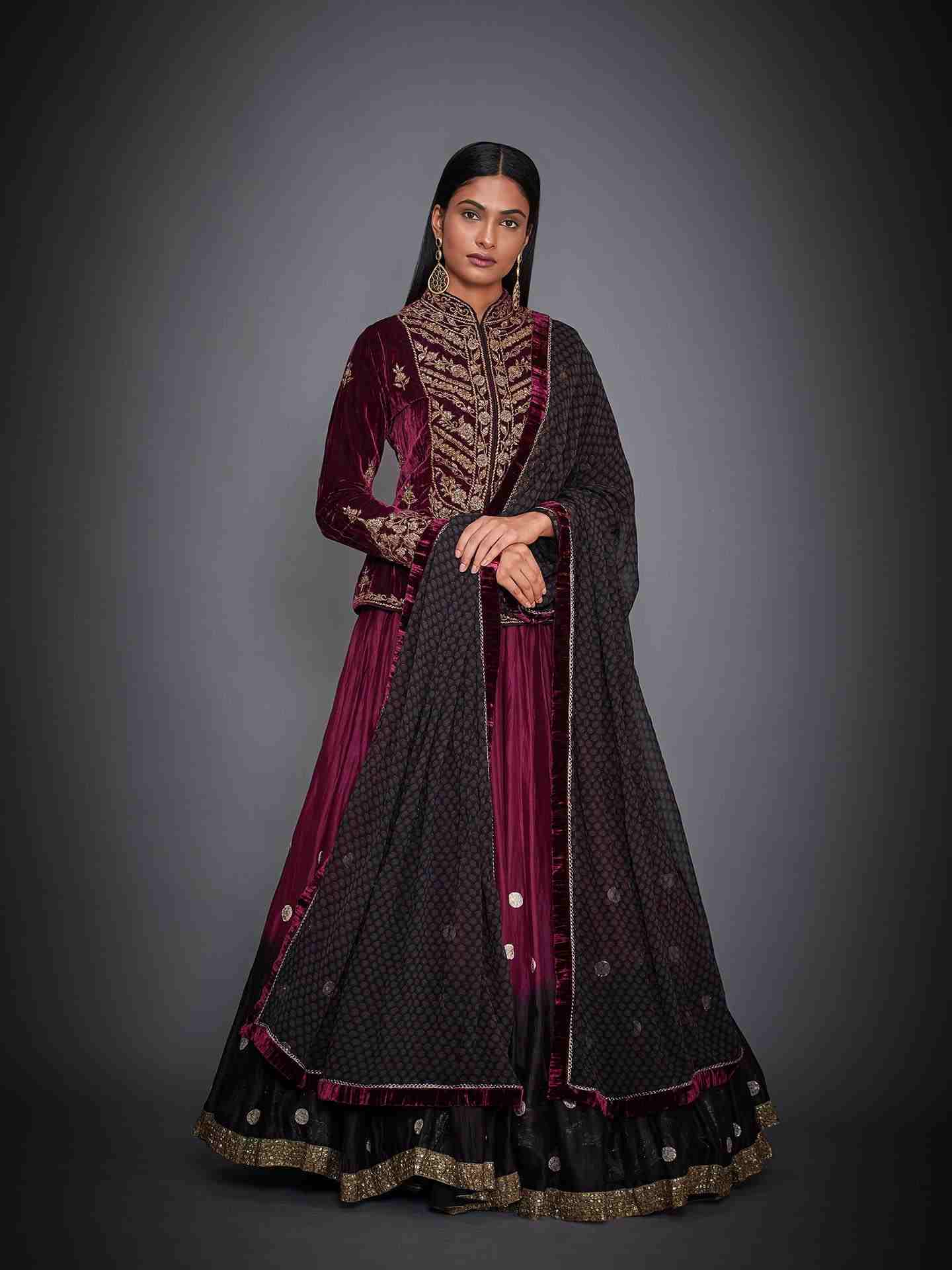 Burgundy & Black Baroque Lehenga Set