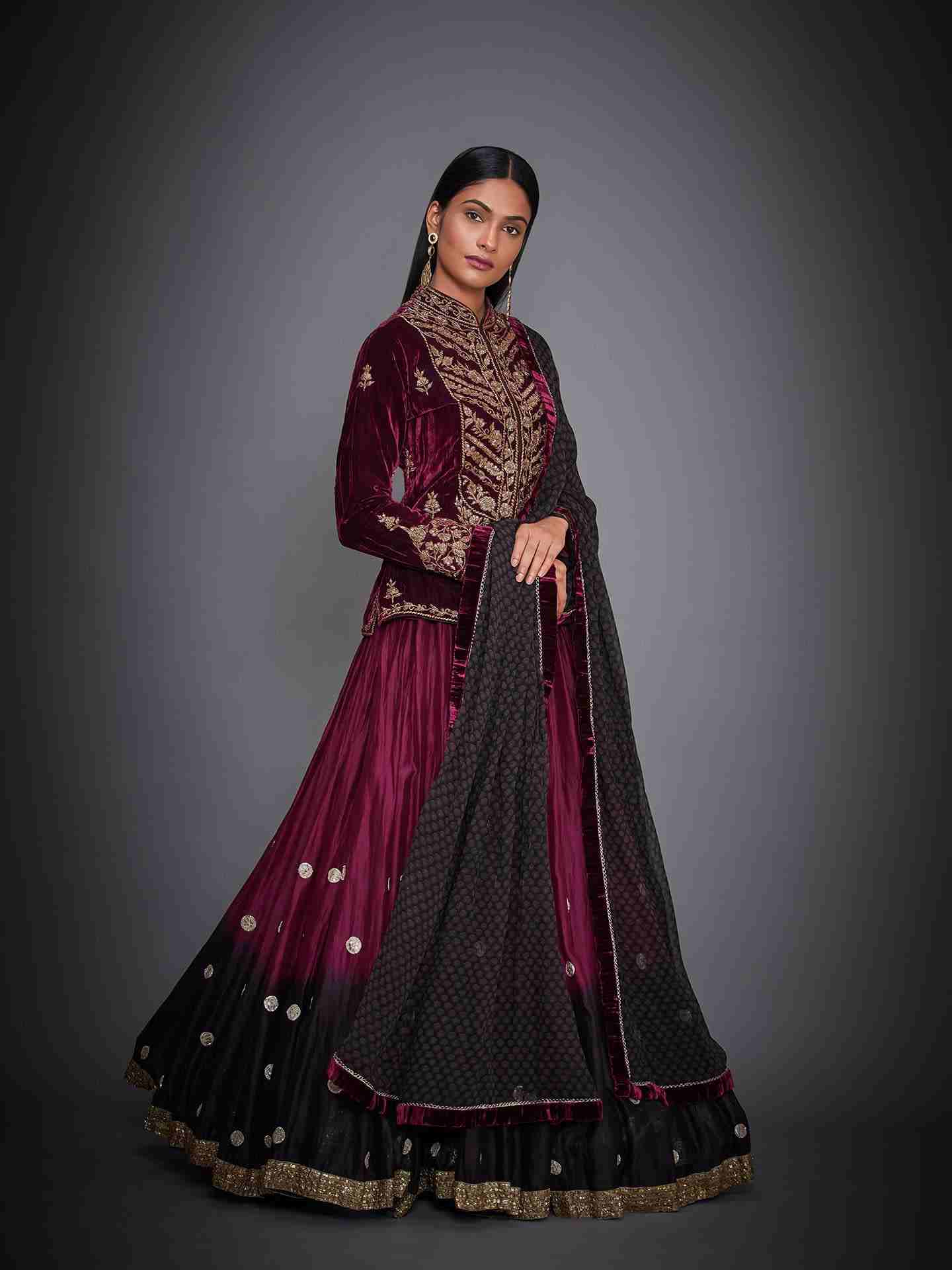 Burgundy & Black Baroque Lehenga Set