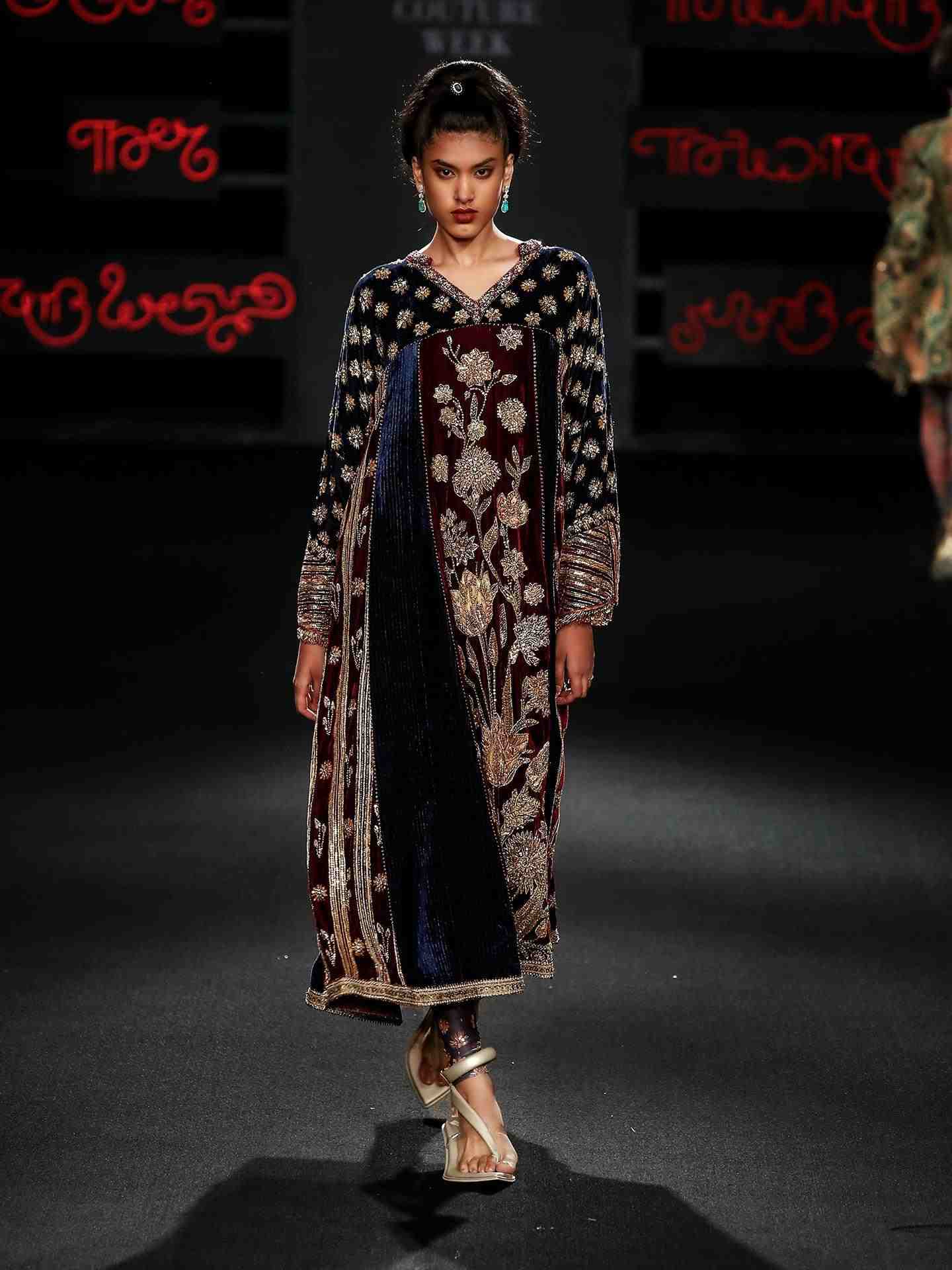 Indigo   Burgundy Antique Floral Long Dress