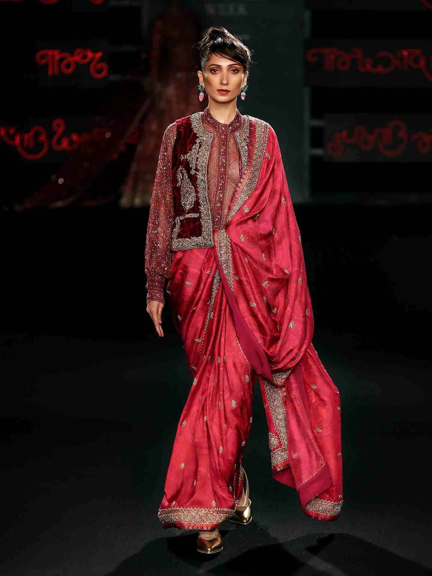 Fuschia  Purple Brocade Jamaver Saree with Jacket