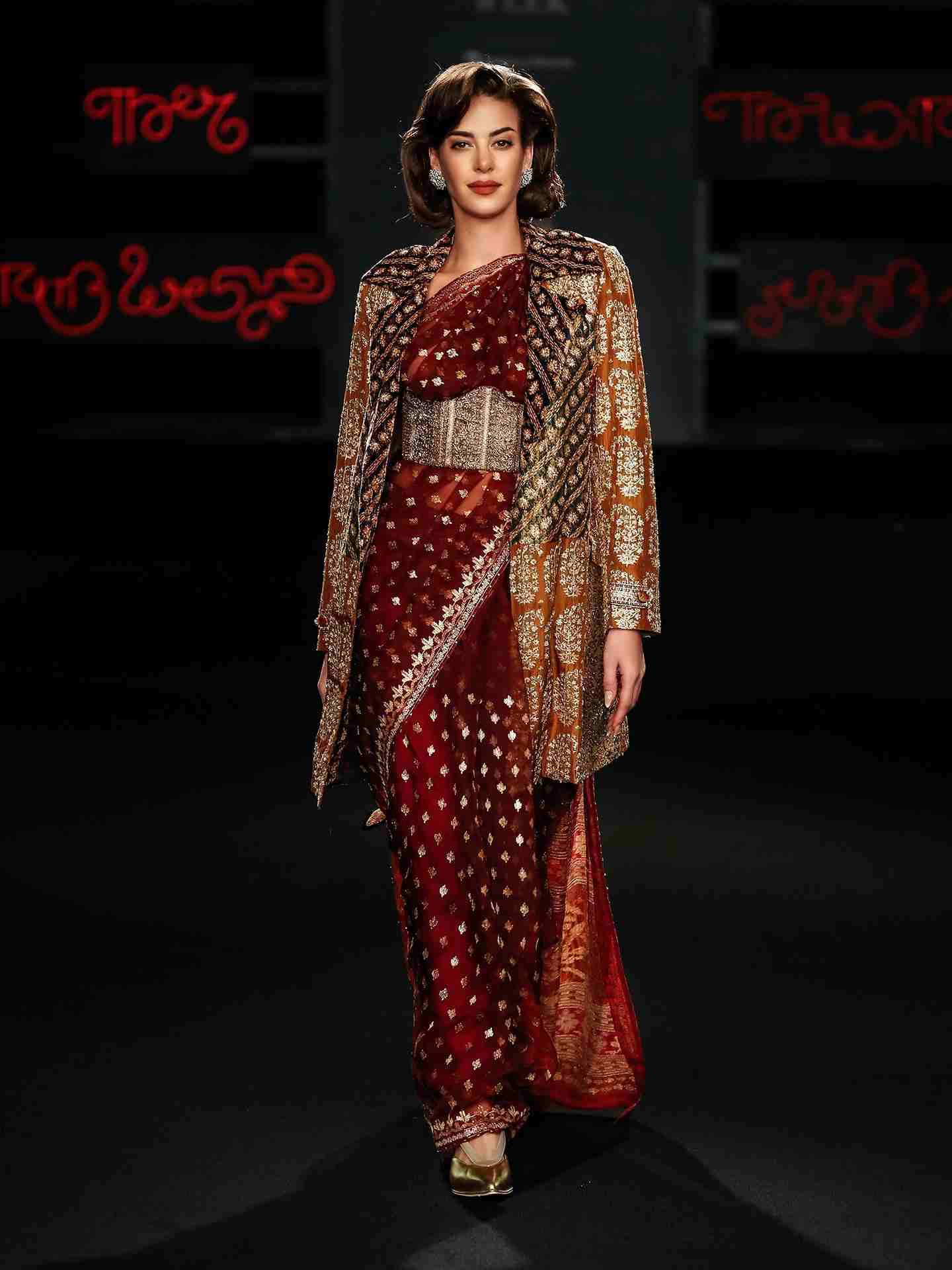 Brown  Black Jamdani Rushafi Saree with Jacket