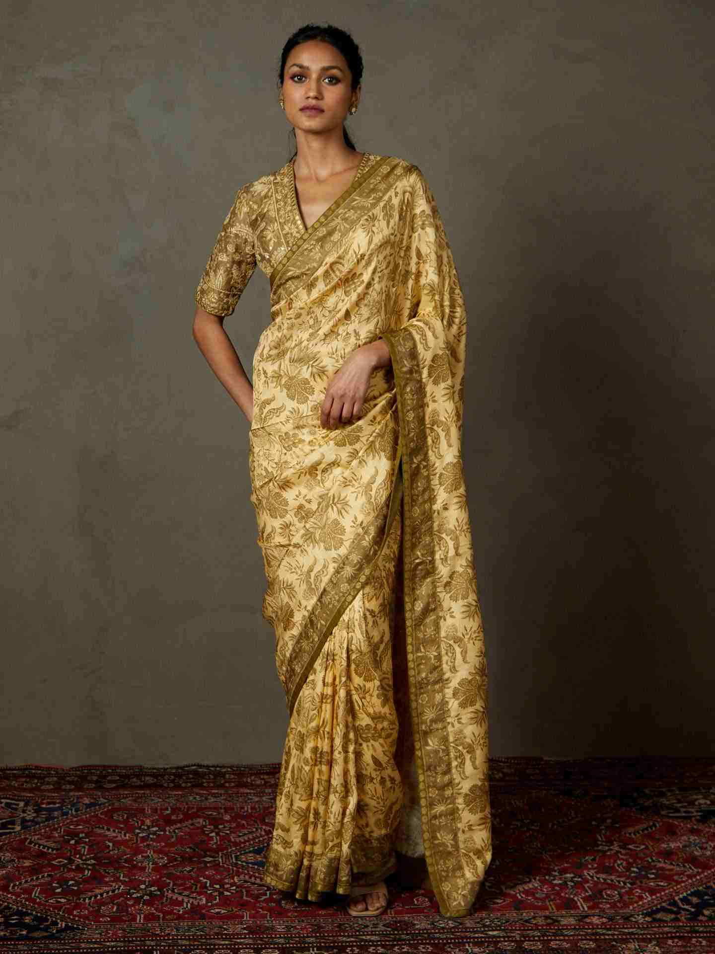Khaki & Beige Anayna Saree With Unstitched Blouse