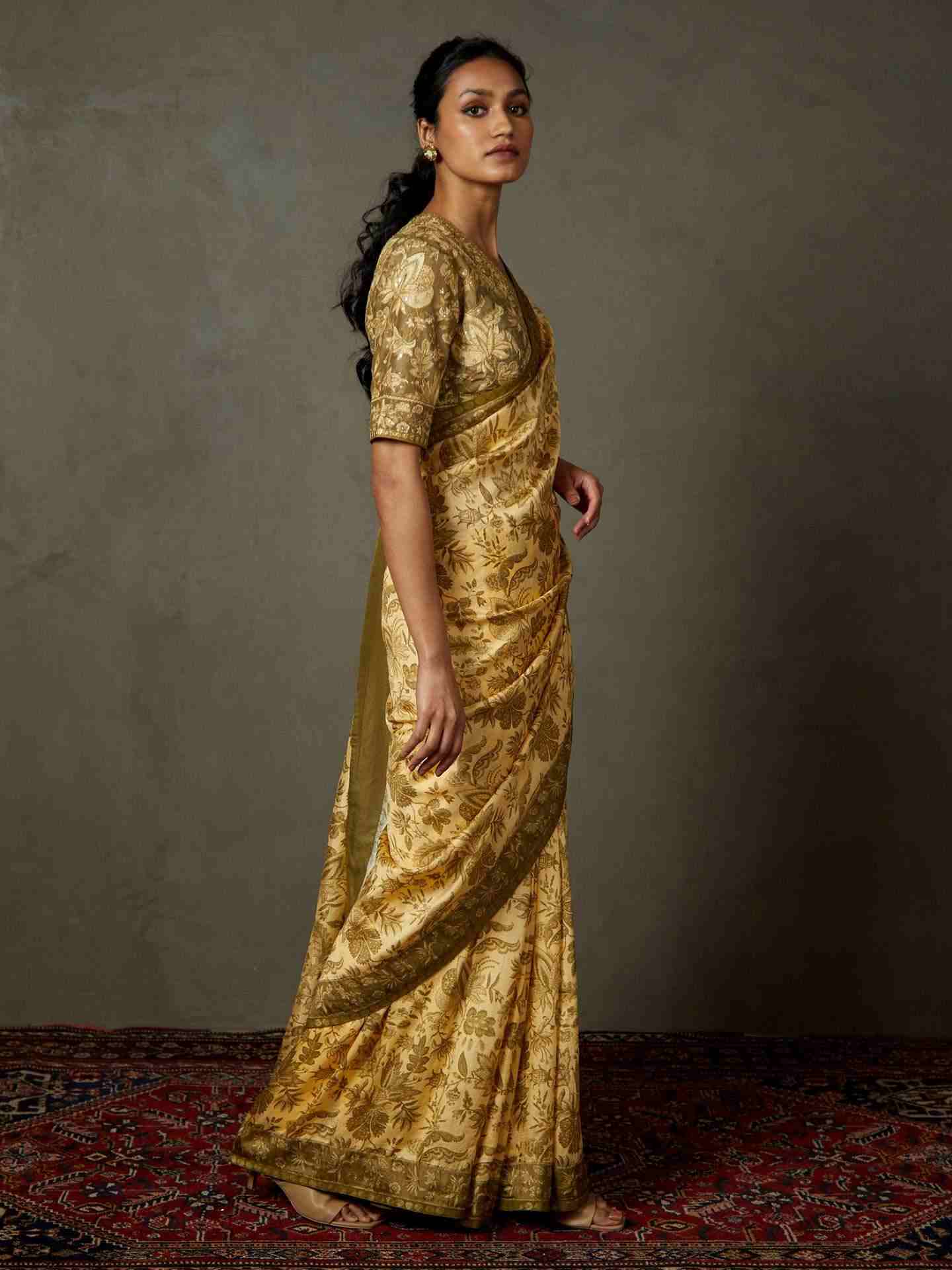 Khaki & Beige Anayna Saree With Unstitched Blouse