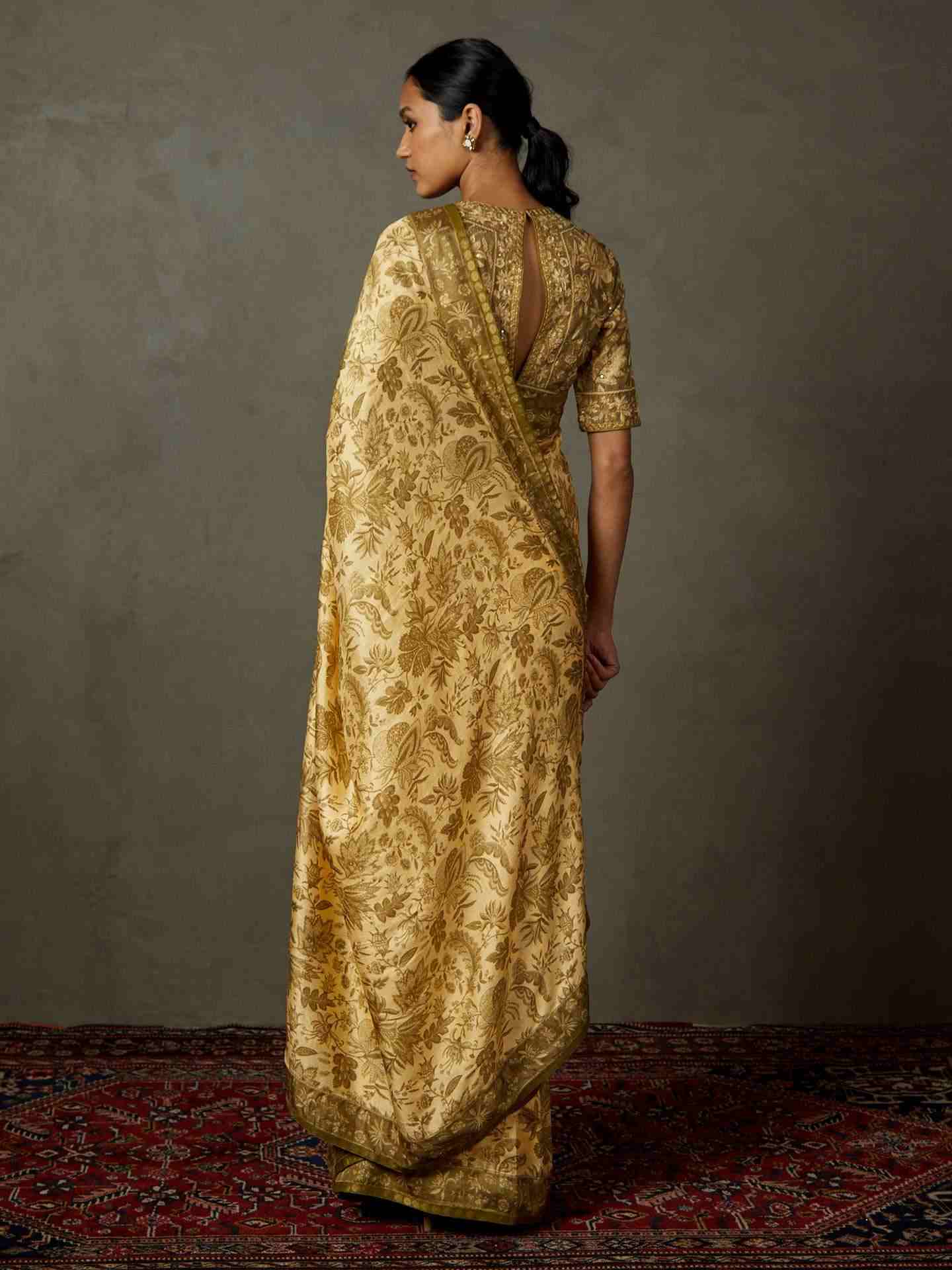 Khaki & Beige Anayna Saree With Unstitched Blouse