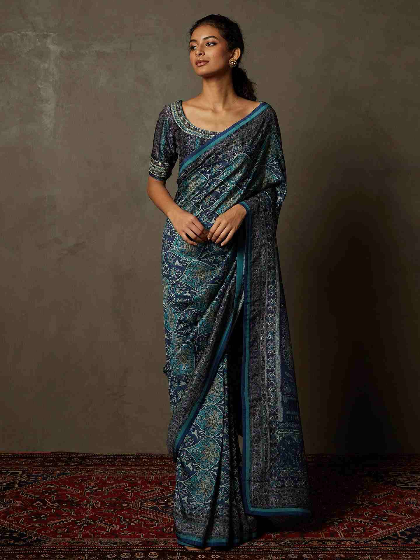 Blue Kulah Saree With Unstitched Blouse