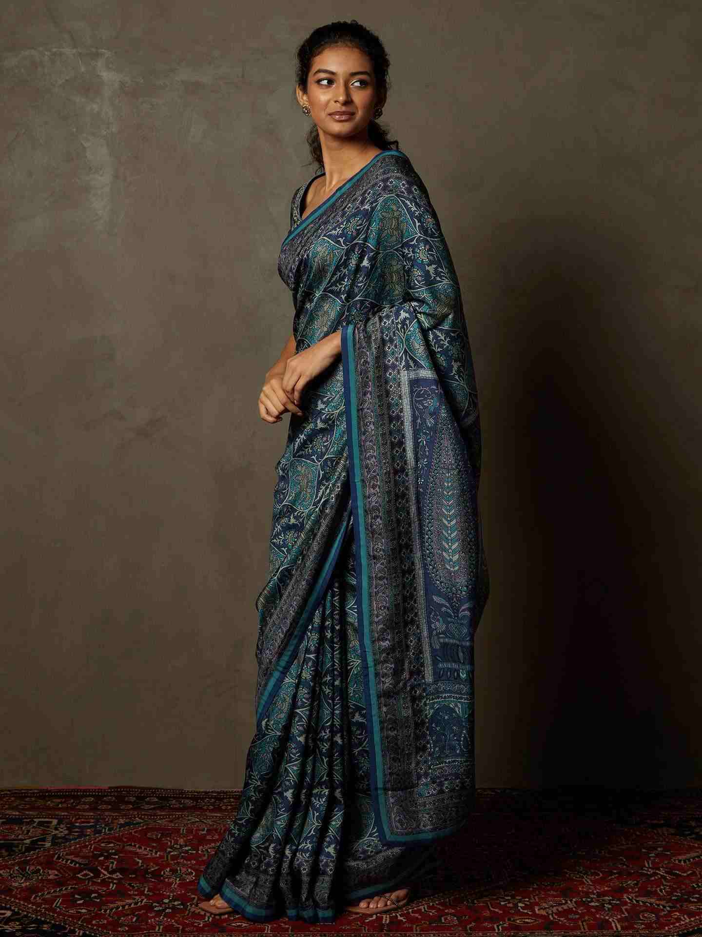 Blue Kulah Saree With Unstitched Blouse
