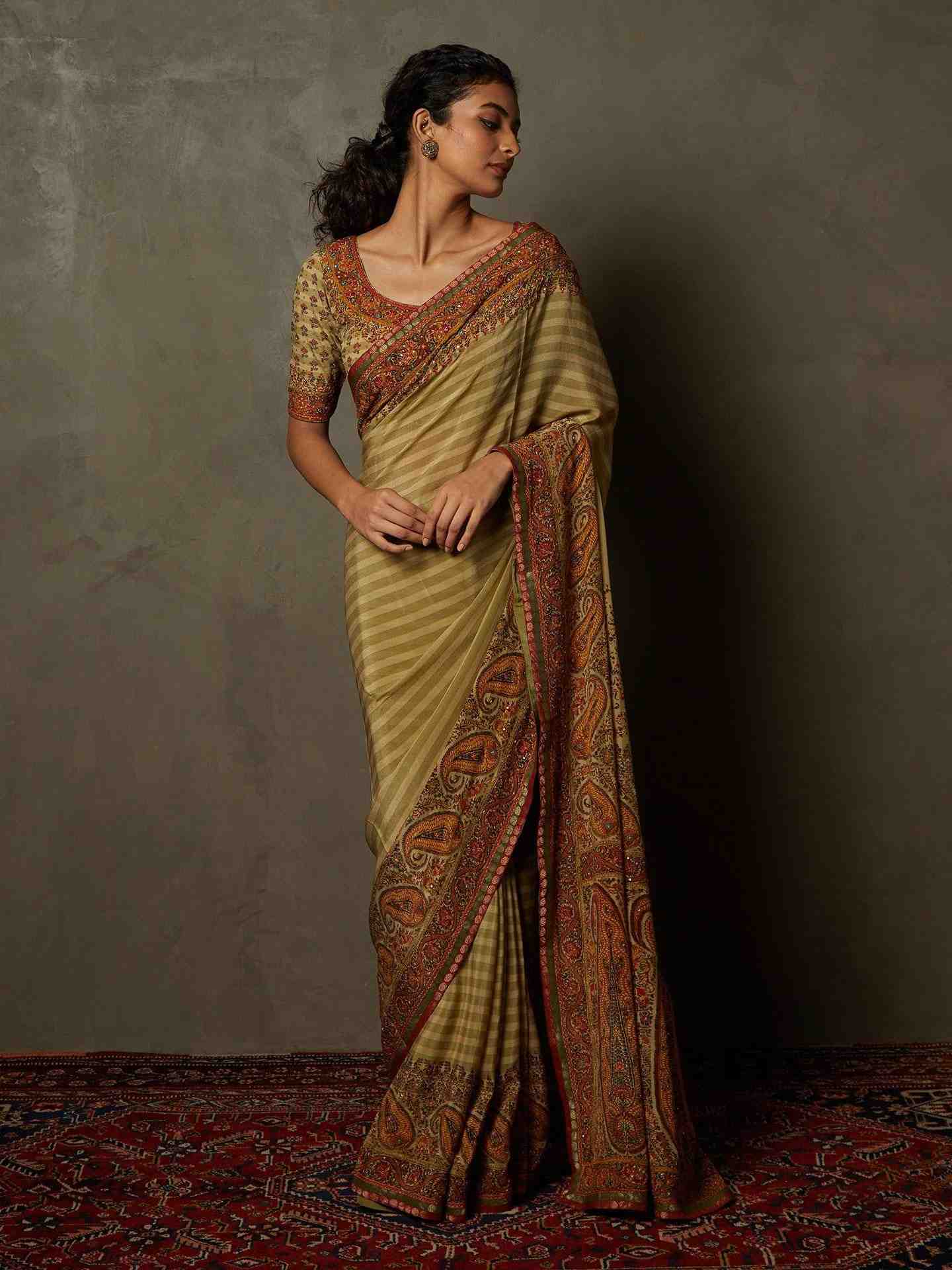 Beige Nisanga Saree With Unstitched Blouse