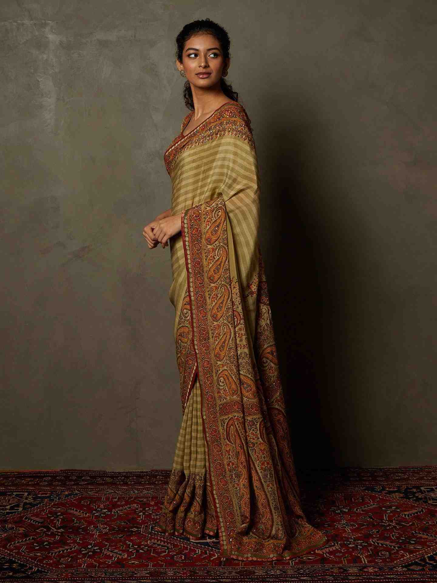 Beige Nisanga Saree With Unstitched Blouse