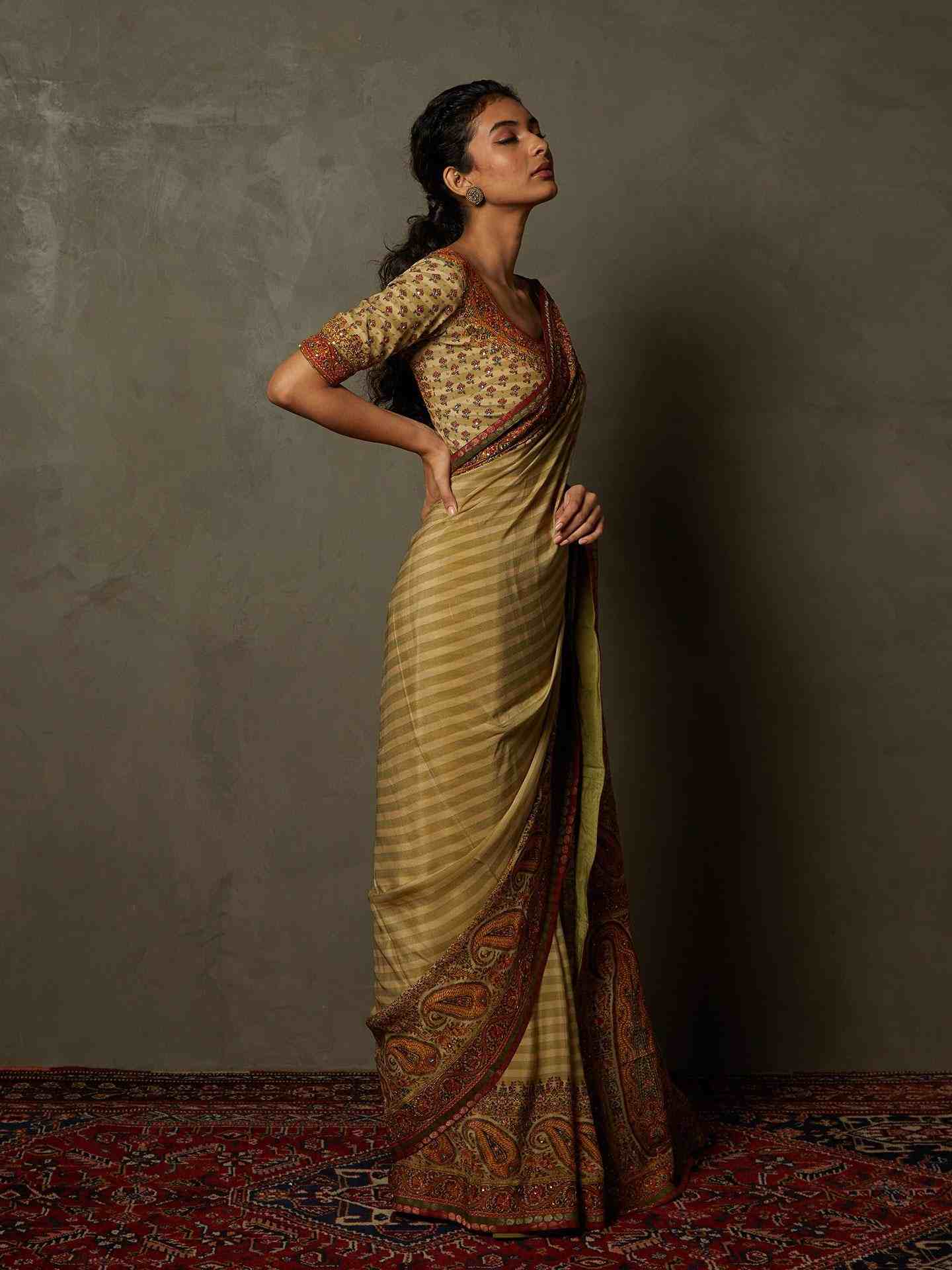Beige Nisanga Saree With Unstitched Blouse
