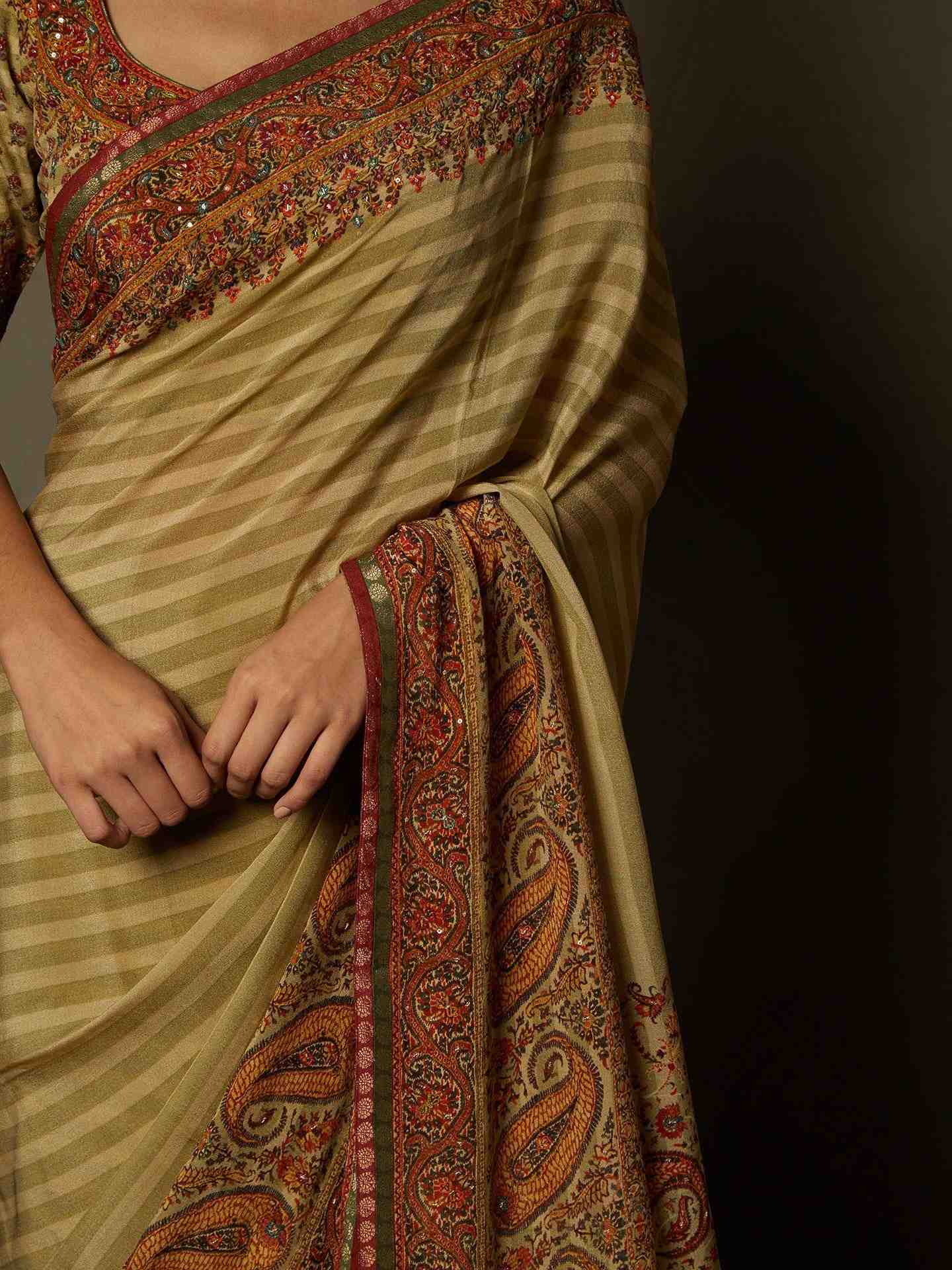 Beige Nisanga Saree With Unstitched Blouse