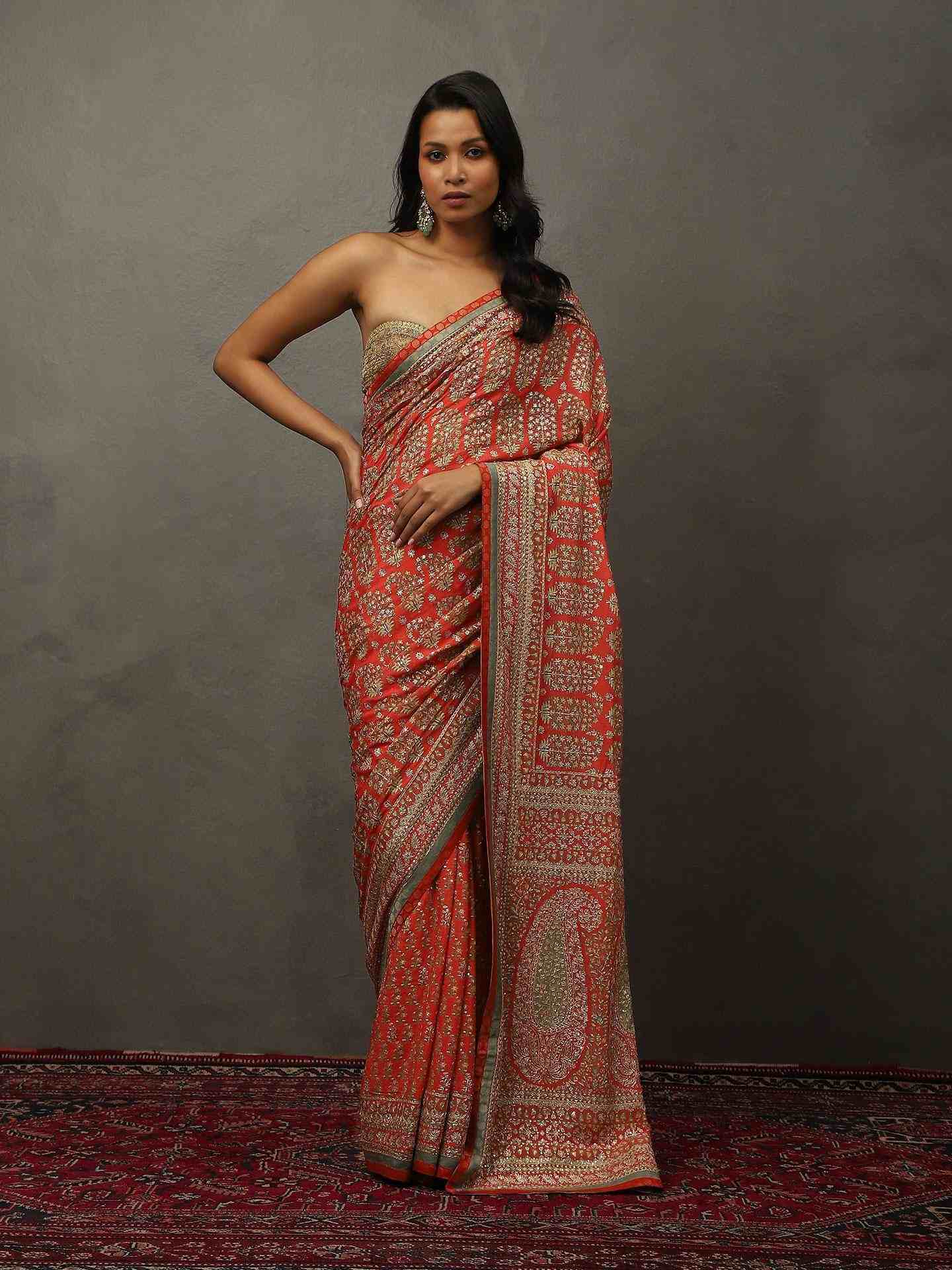 Coral & Khaki Keya Saree With Unstitched Blouse