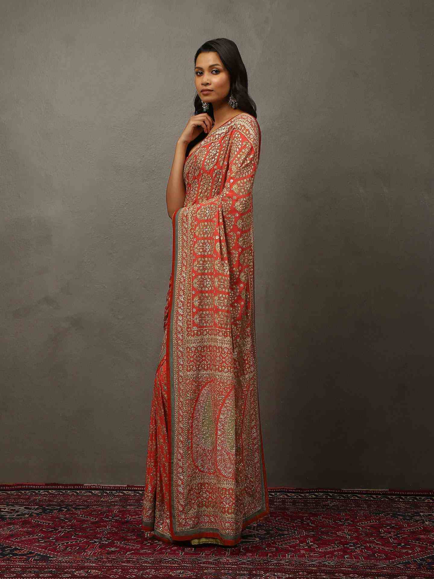 Coral & Khaki Keya Saree With Unstitched Blouse