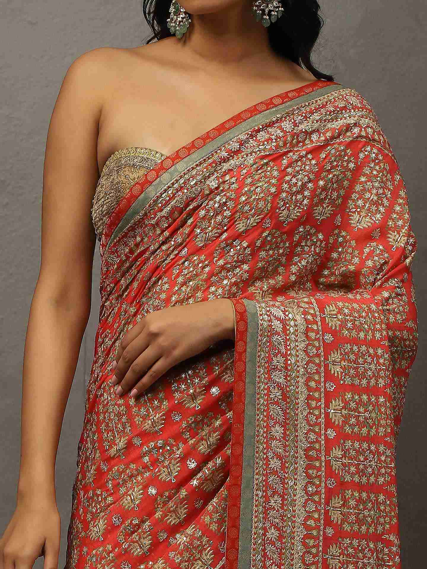 Coral & Khaki Keya Saree With Unstitched Blouse