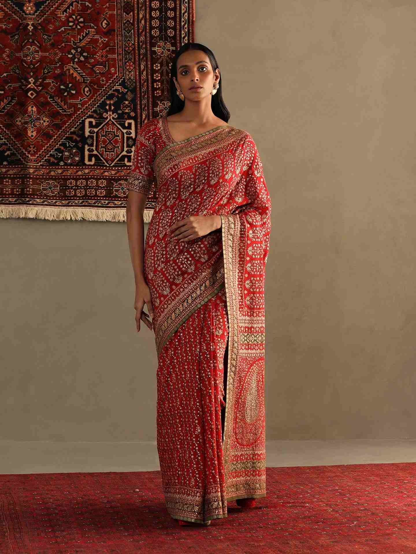 Salsa Red Keya Saree With Unstitched Blouse