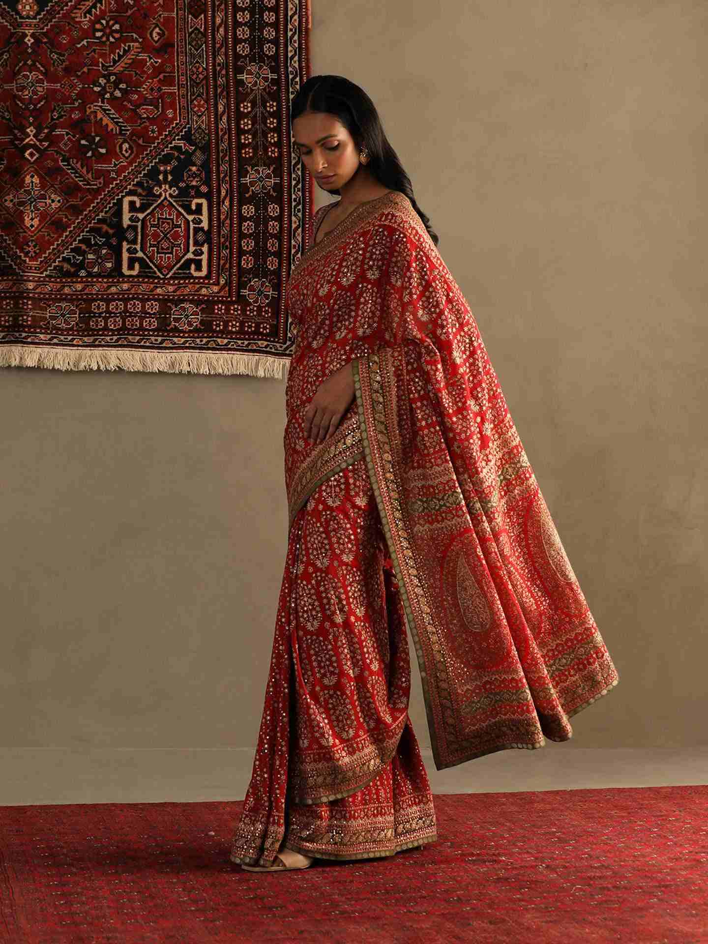 Salsa Red Keya Saree With Unstitched Blouse