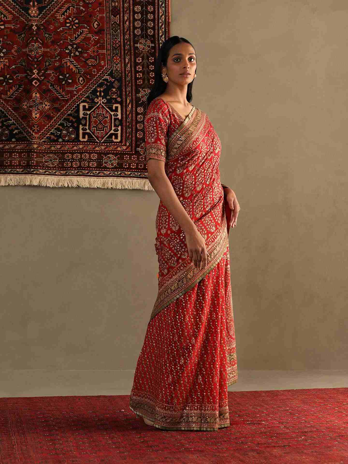 Salsa Red Keya Saree With Unstitched Blouse