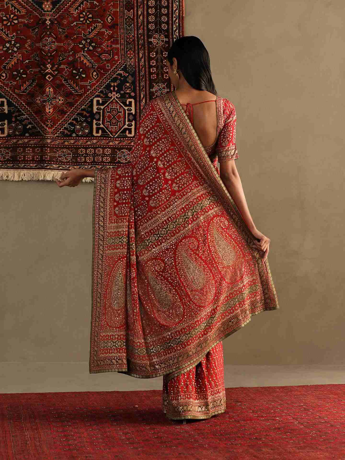 Salsa Red Keya Saree With Unstitched Blouse