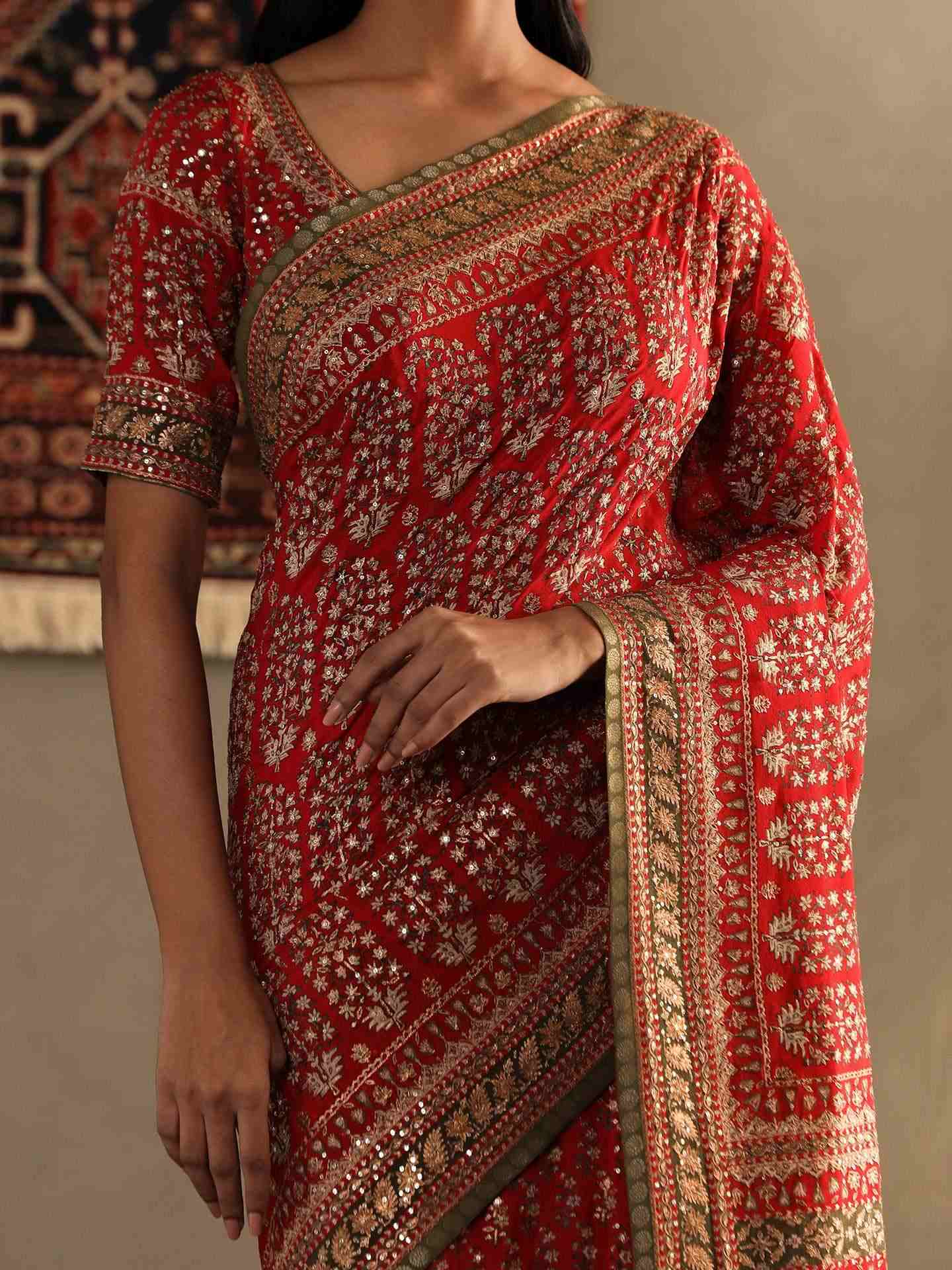 Salsa Red Keya Saree With Unstitched Blouse