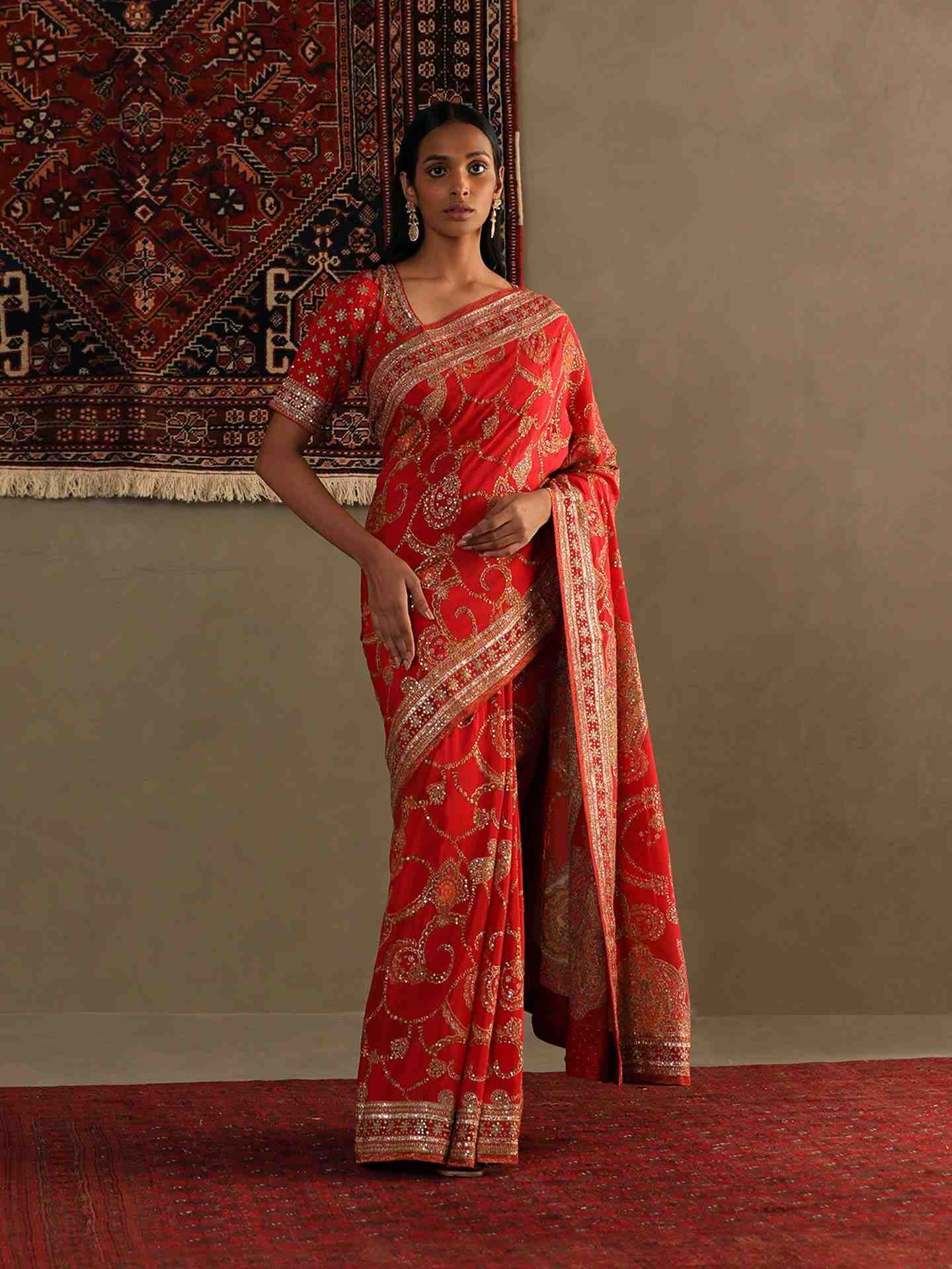 Red Rukmini Saree With Unstitched Blouse