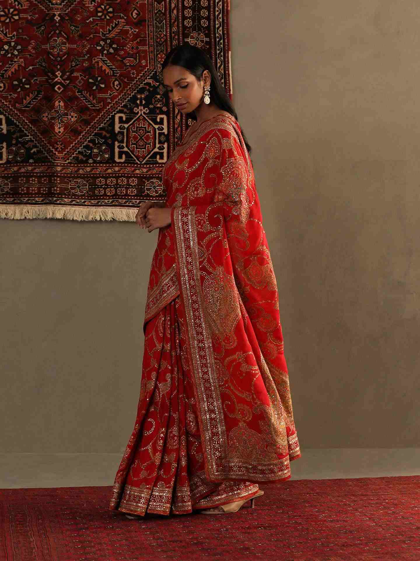 Red Rukmini Saree With Unstitched Blouse