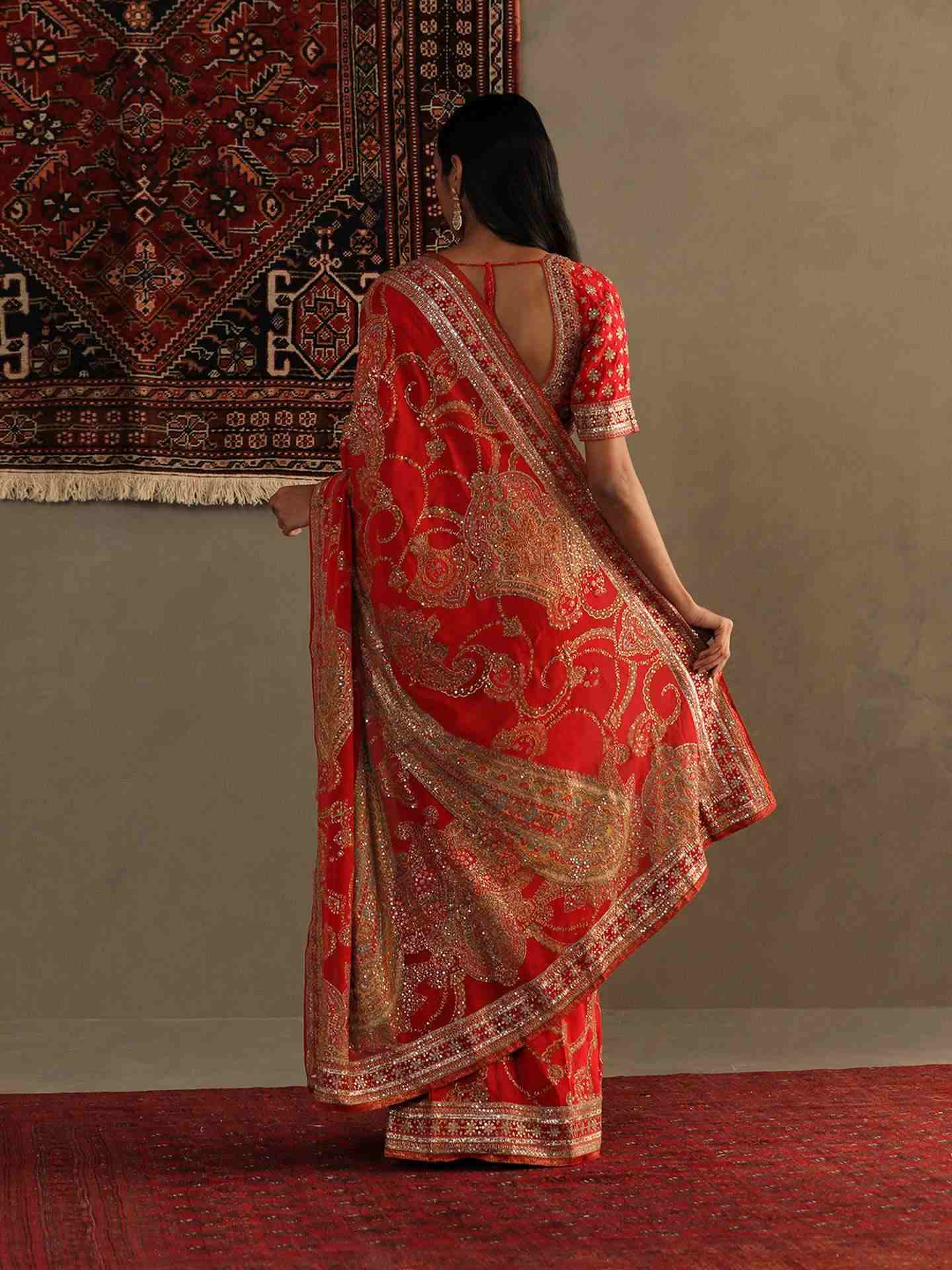 Red Rukmini Saree With Unstitched Blouse