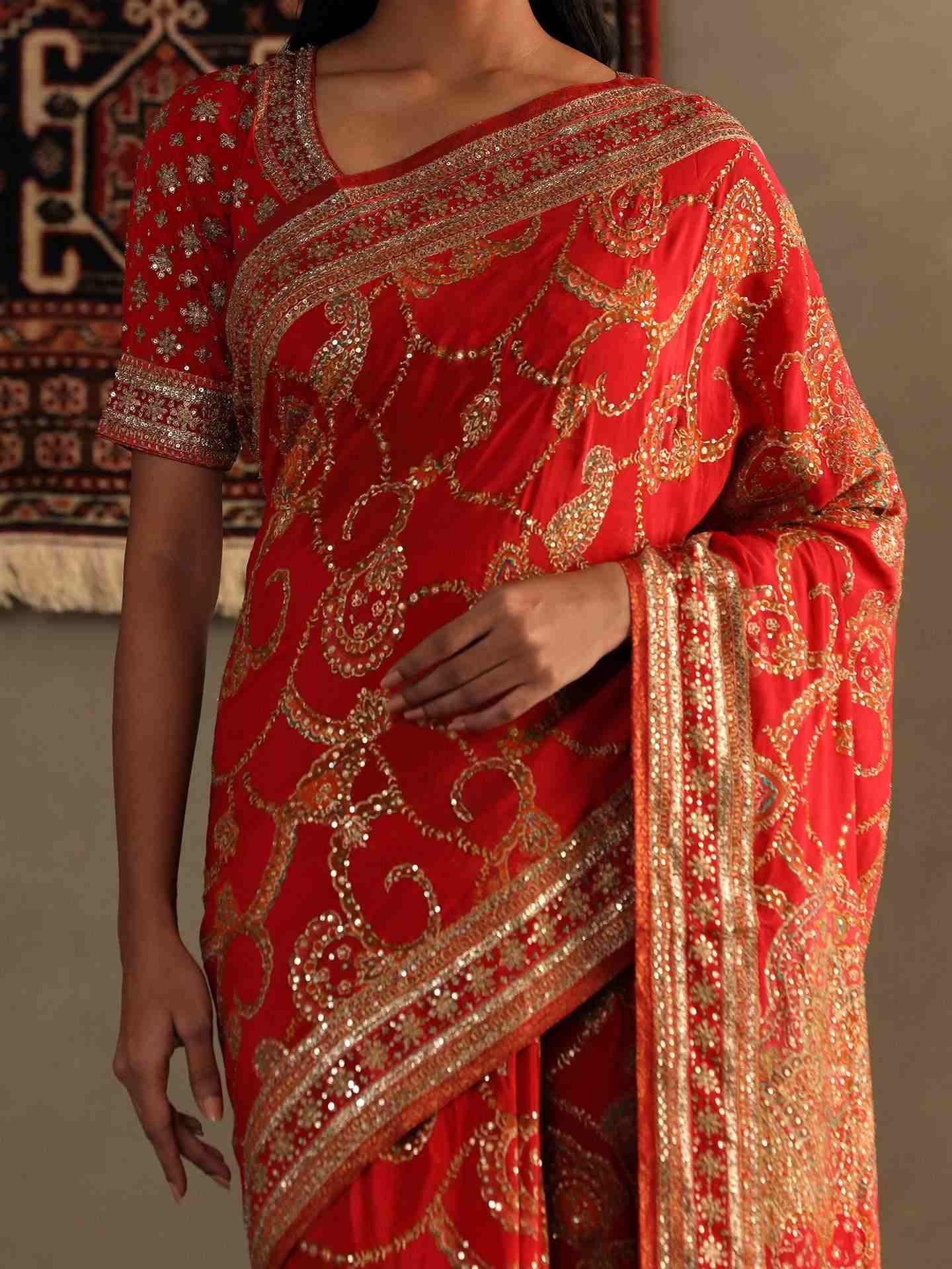 Red Rukmini Saree With Unstitched Blouse