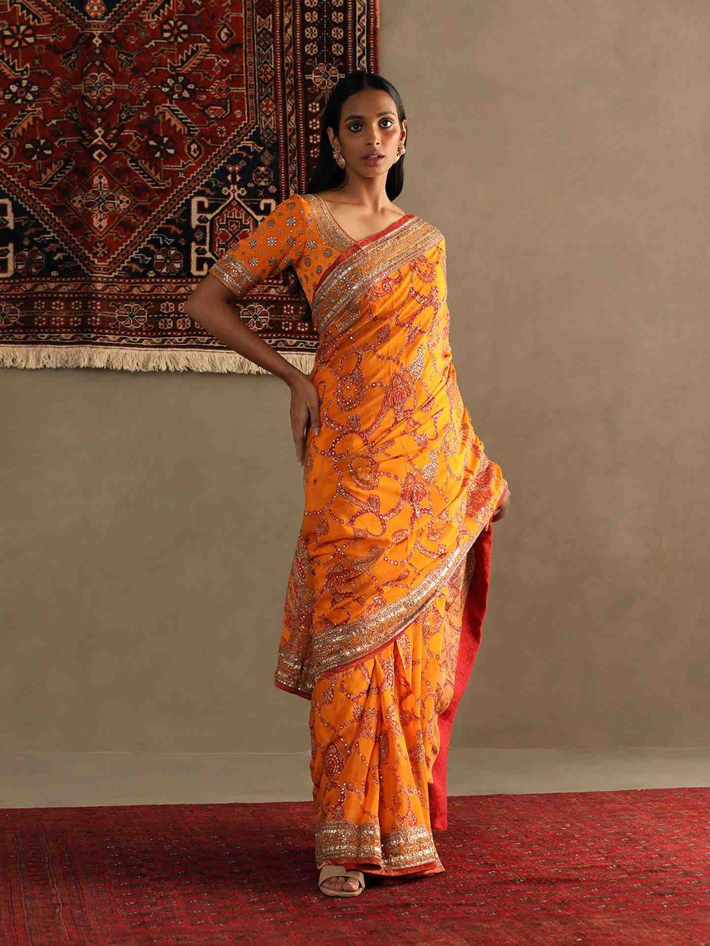 Orange Rukmini Saree With Unstitched Blouse