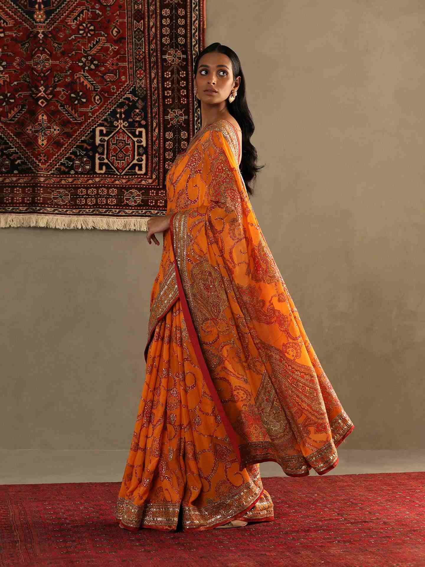 Orange Rukmini Saree With Unstitched Blouse