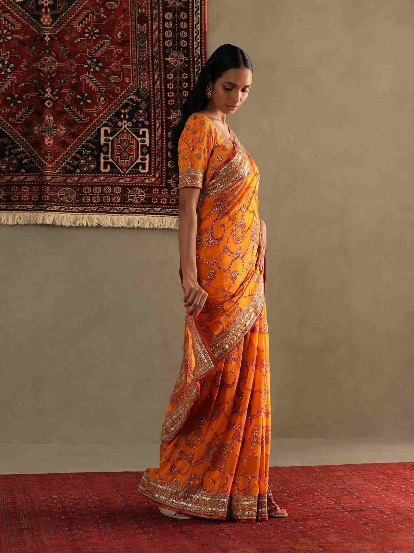 Orange Rukmini Saree With Unstitched Blouse
