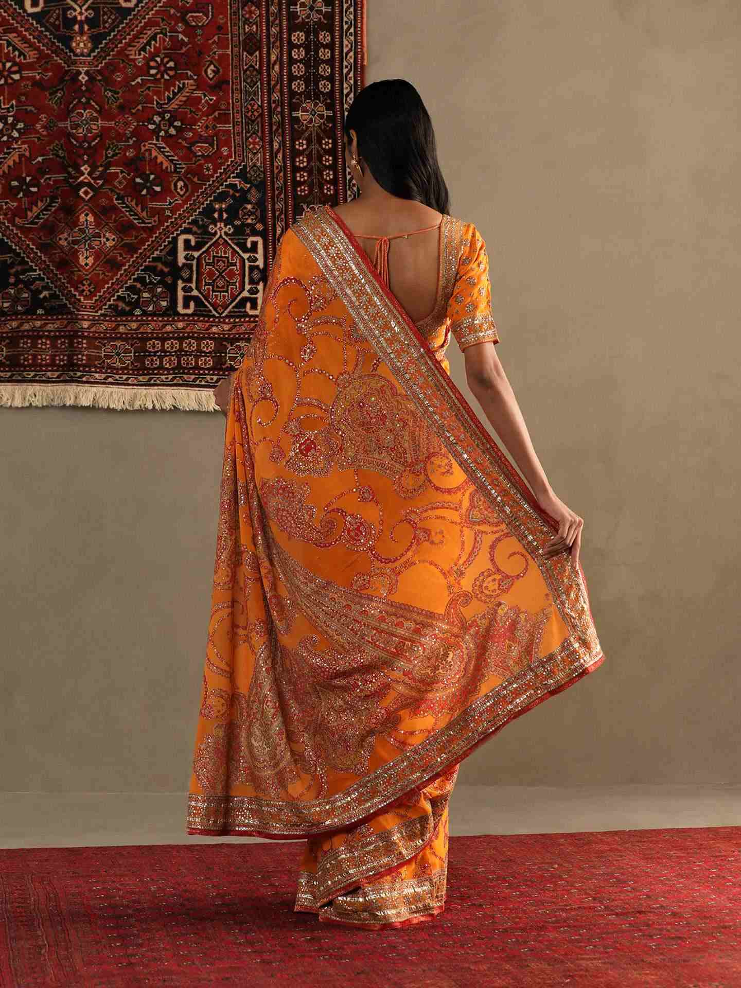 Orange Rukmini Saree With Unstitched Blouse