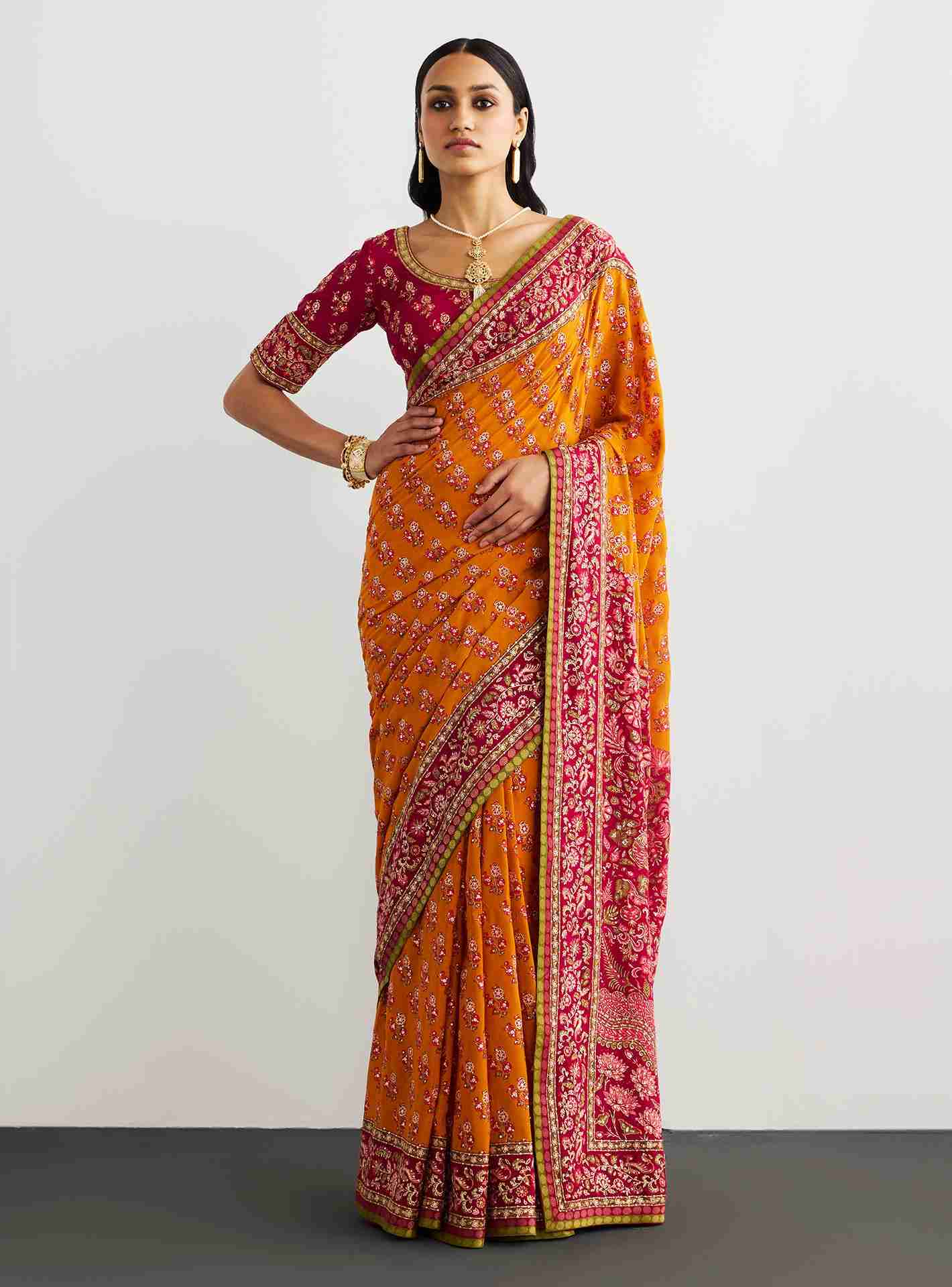 Saffron & Fuchsia Blossom Saree