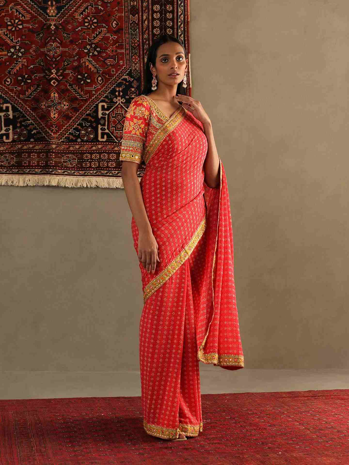 Candy Coral Bindiya Saree With Unstitched Blouse