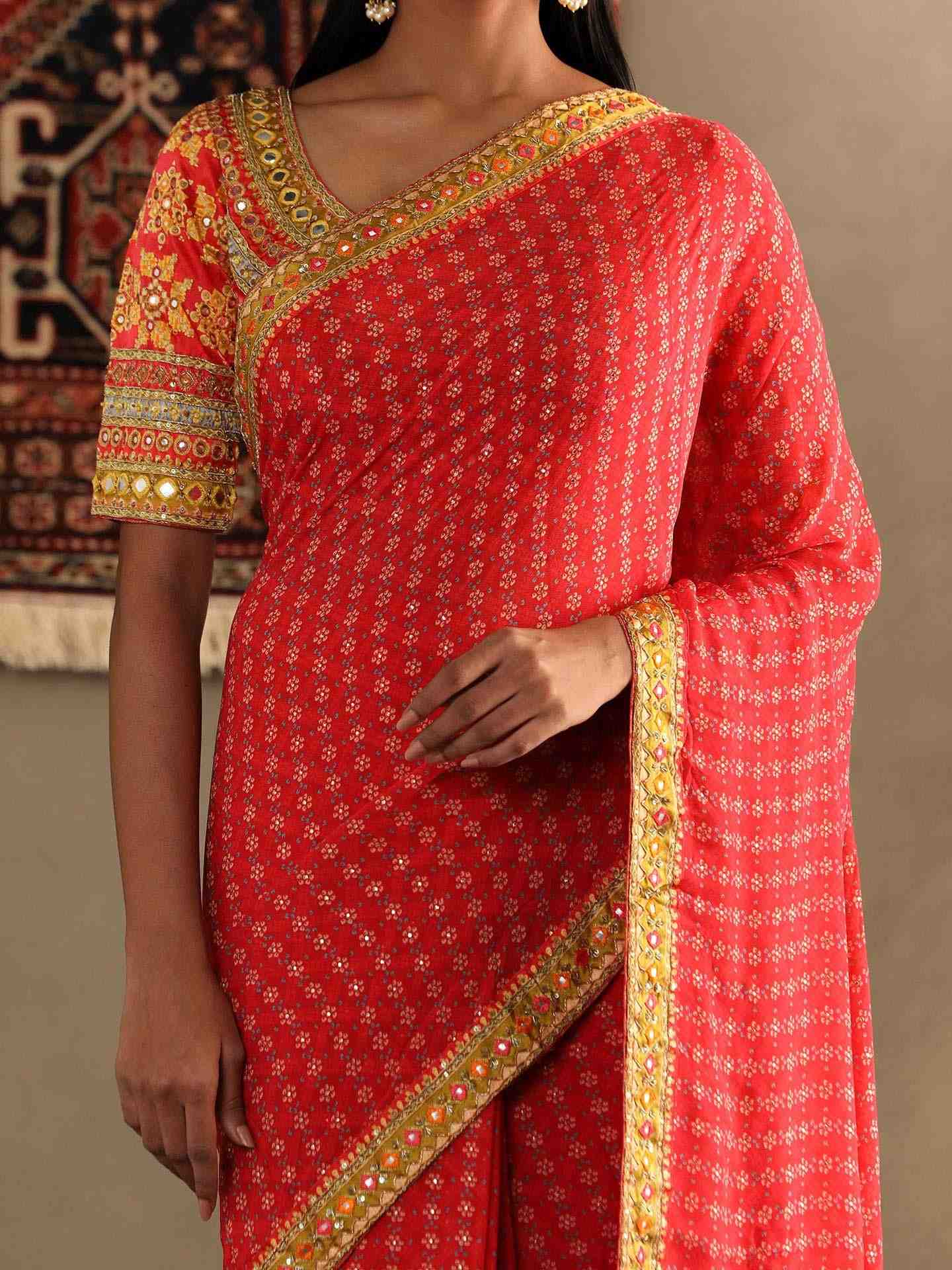 Candy Coral Bindiya Saree With Unstitched Blouse