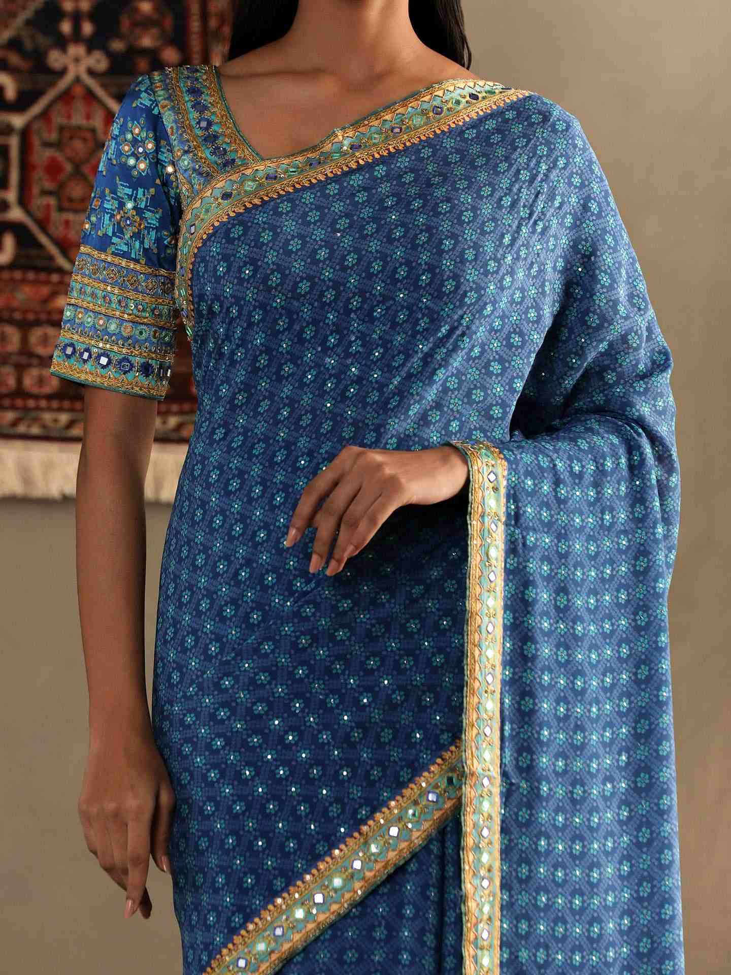 Quartz Blue Bindiya Saree With Unstitched Blouse
