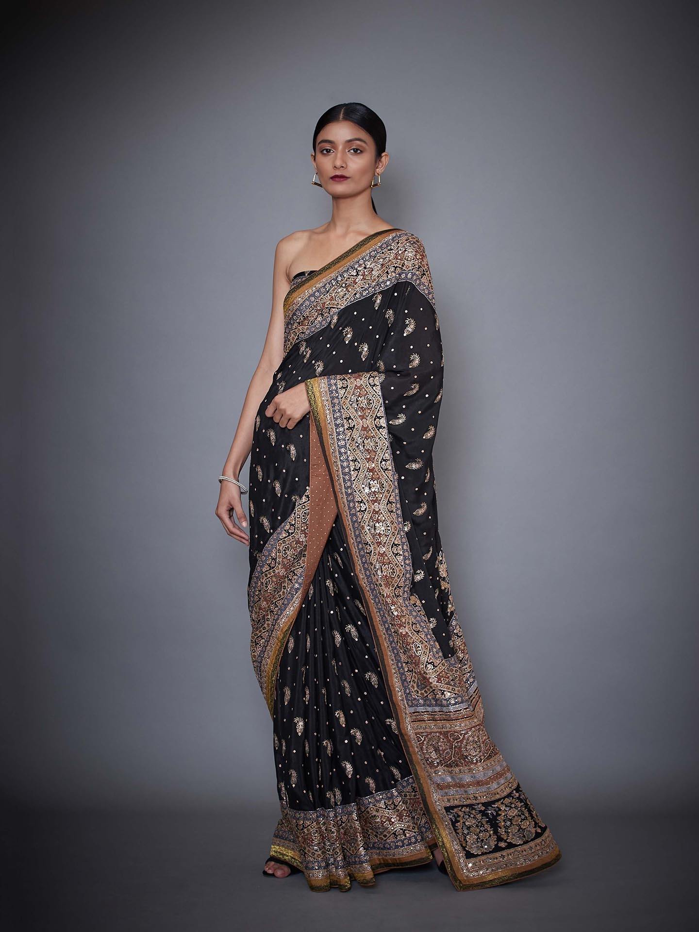 Black & Beige Chamba Saree With Unstitched Blouse