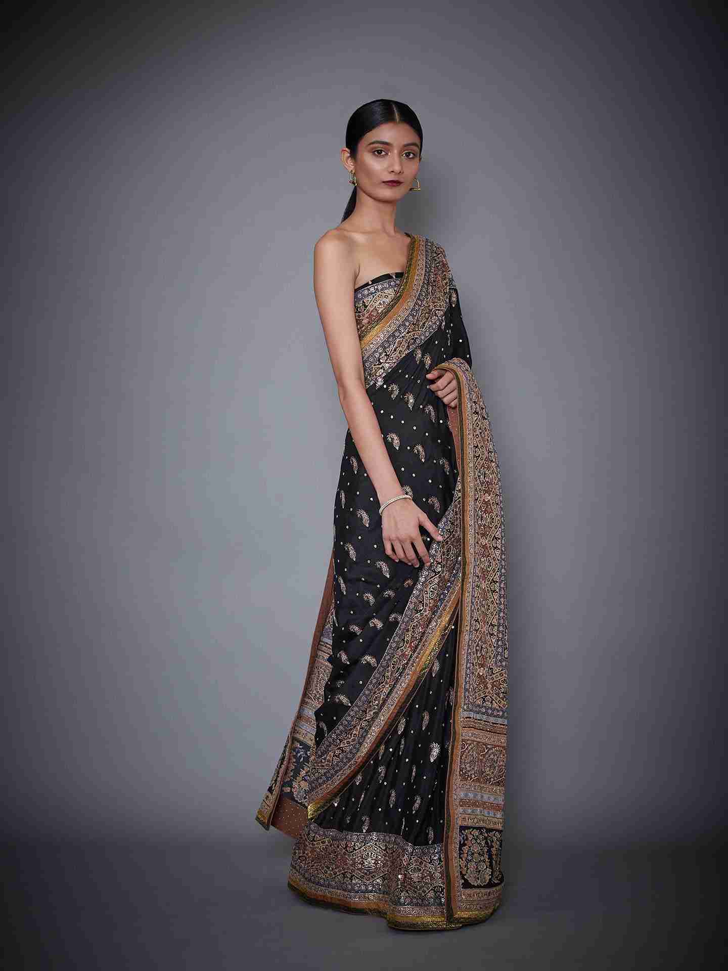 Black & Beige Chamba Saree With Unstitched Blouse
