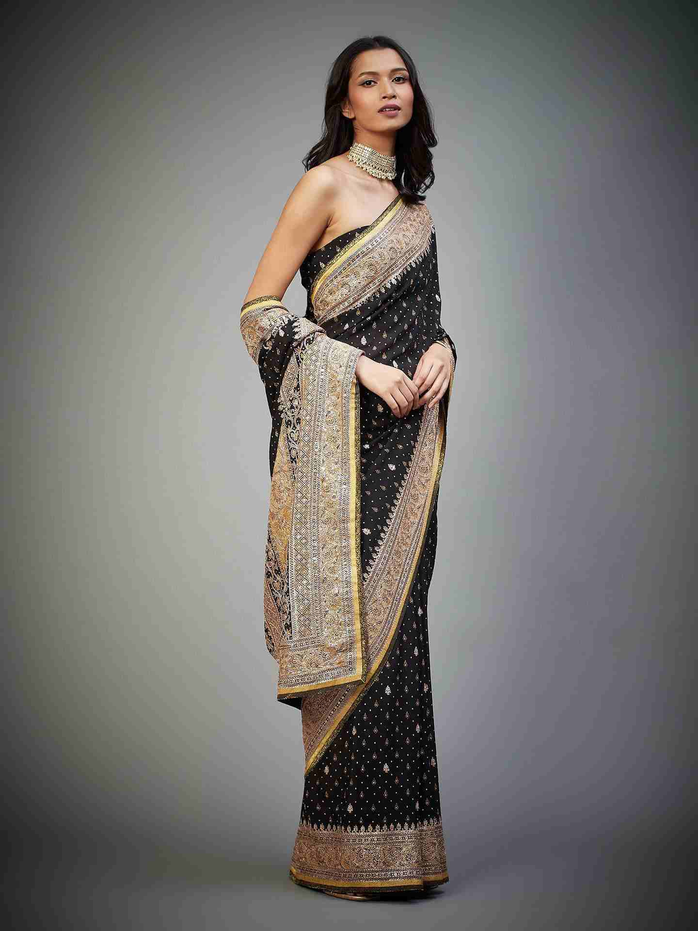 Black & Beige Suraj Saree With Unstitched Blouse