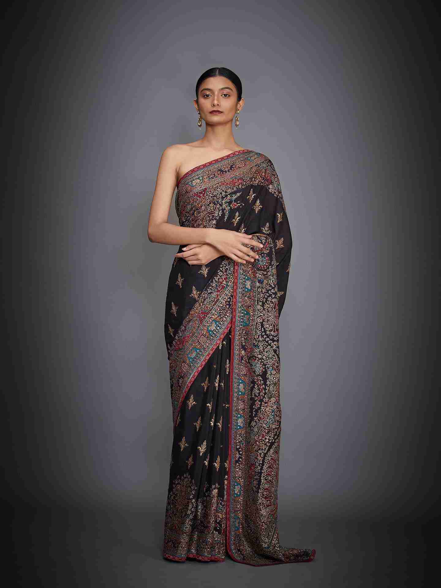Black & Multi Nagina Saree With Unstitched Blouse