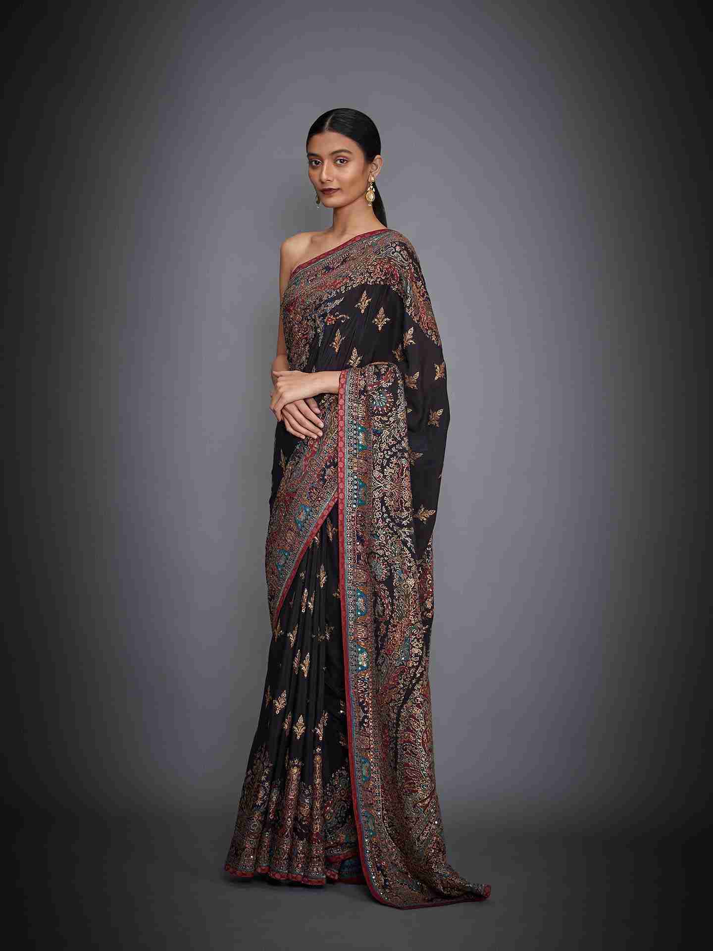 Black & Multi Nagina Saree With Unstitched Blouse